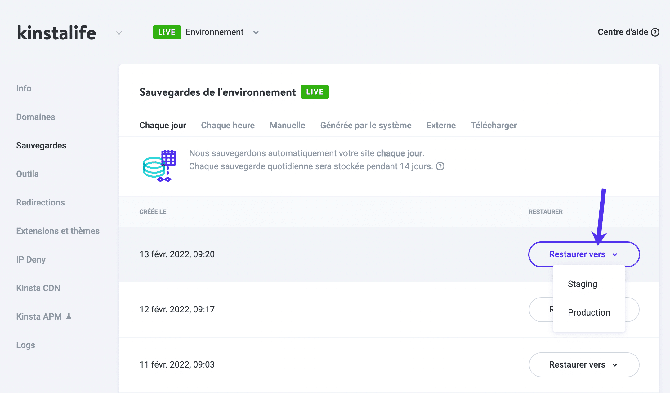 Restaurer les sauvegardes dans MyKinsta.