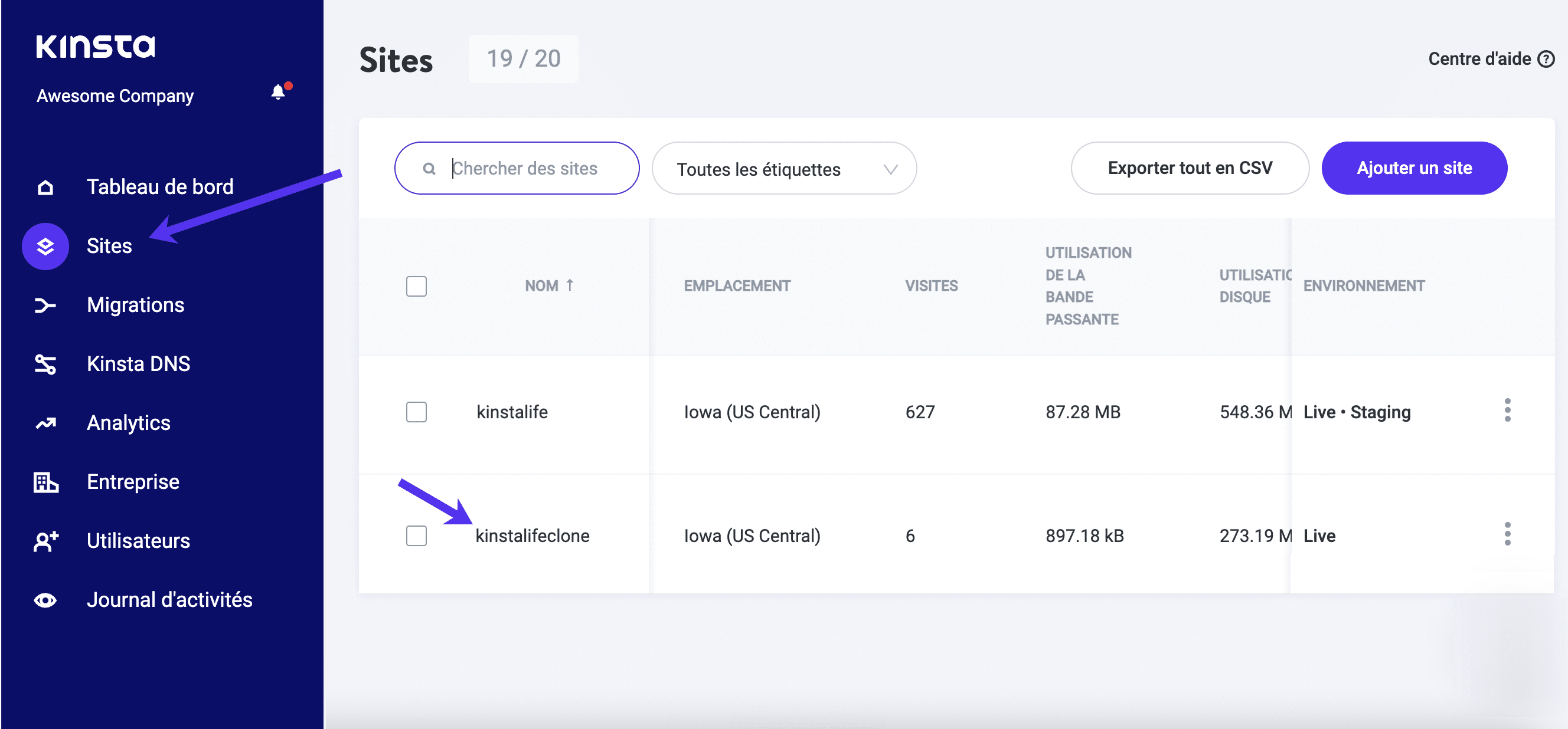 Sélectionner un site dans MyKinsta.