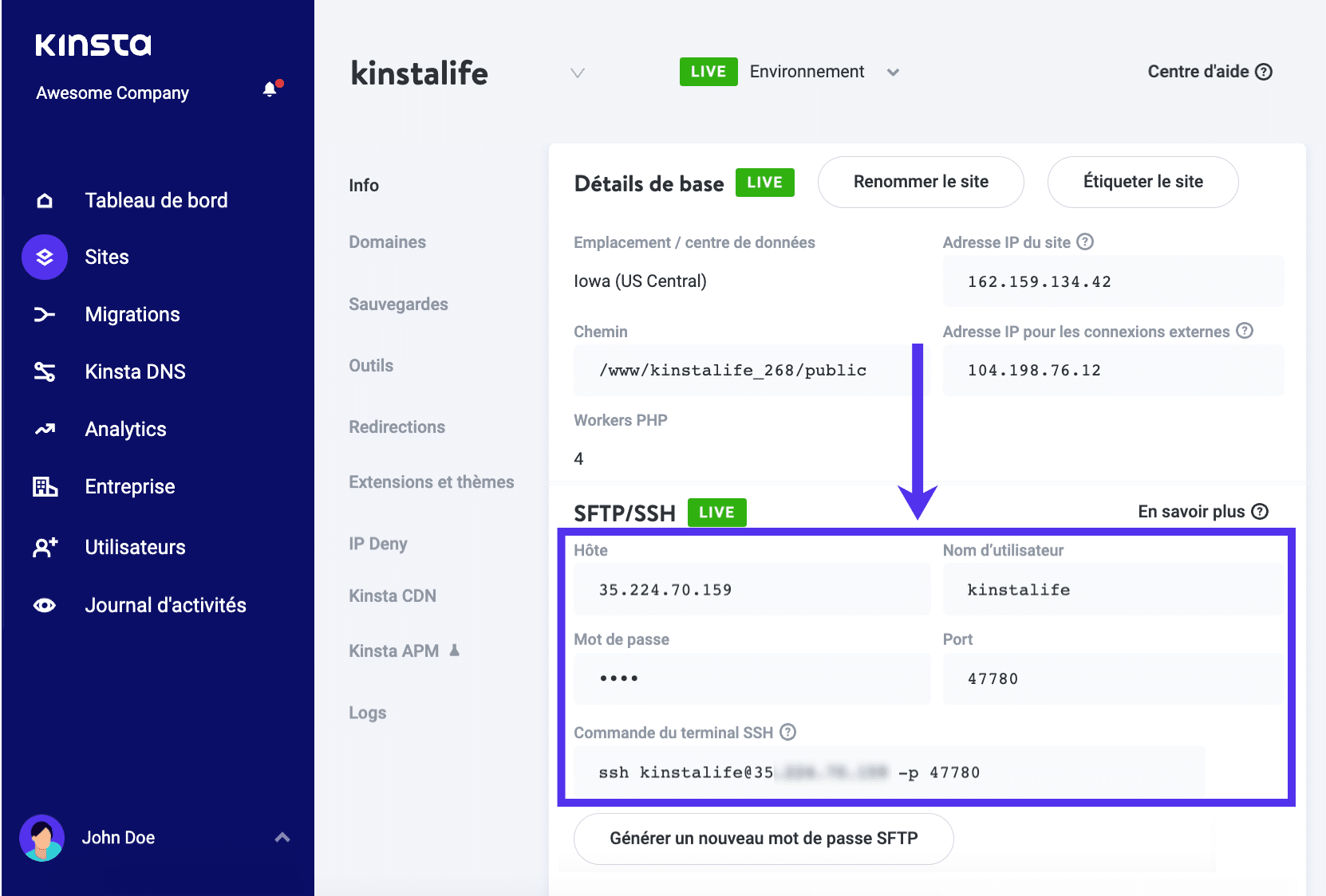 Les informations SFTP/SSH sont disponibles dans MyKinsta.