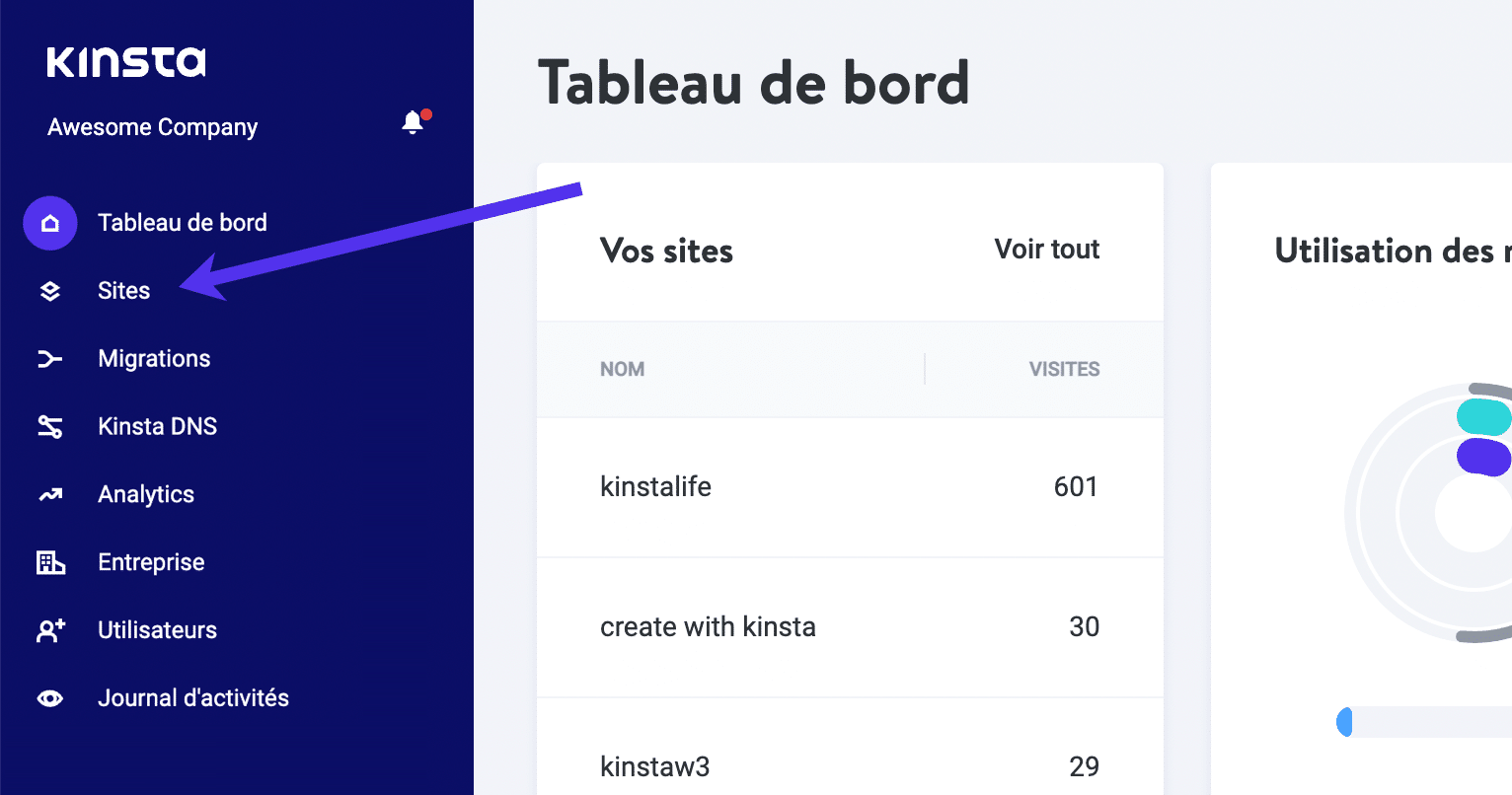 Aller dans l’onglet « Sites » dans MyKinsta.