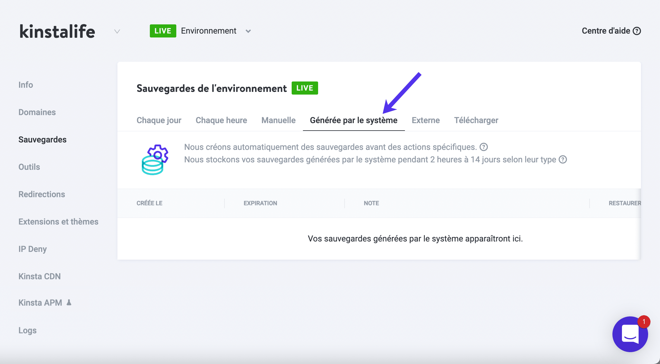 Sauvegardes générées par le système dans MyKinsta.