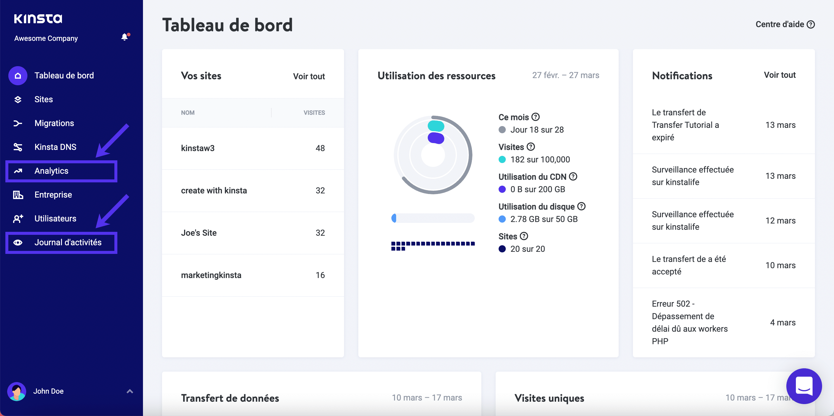 Les éléments de menu Analytics et Journal d’activités dans MyKinsta.