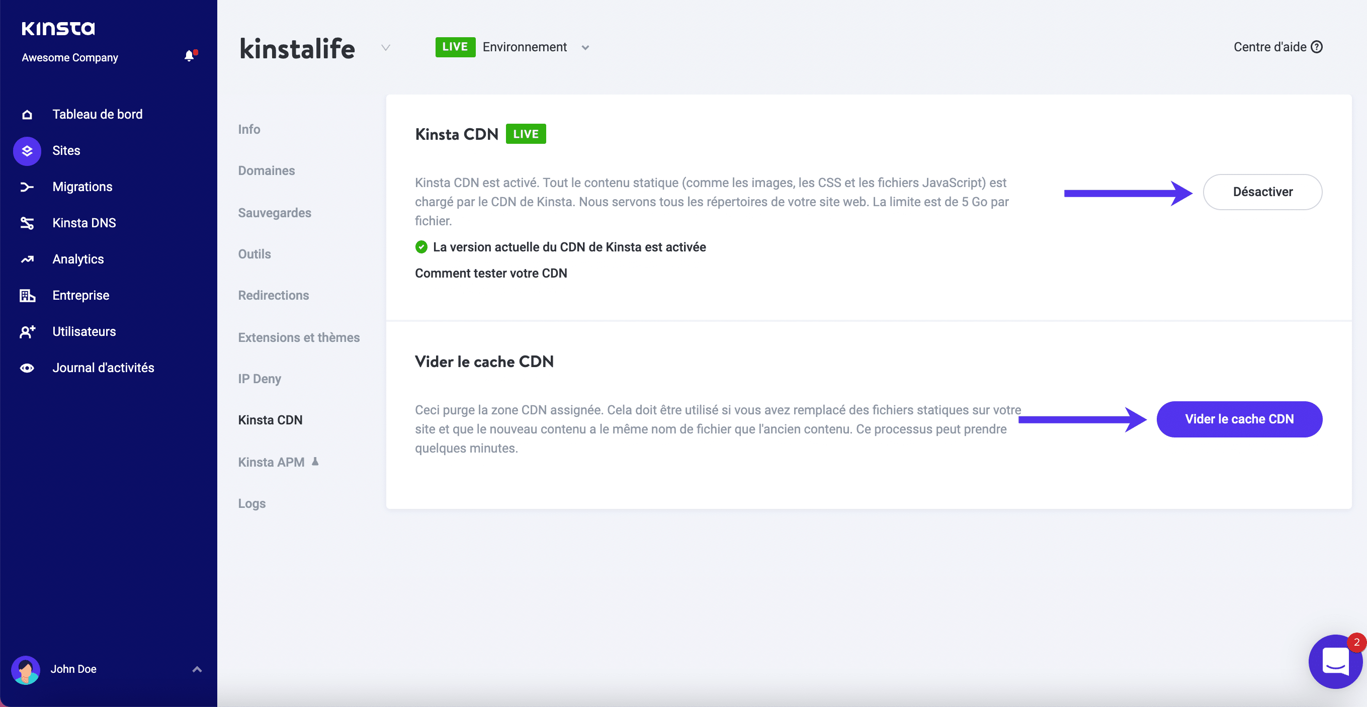 Réglages de Kinsta CDN dans MyKinsta.