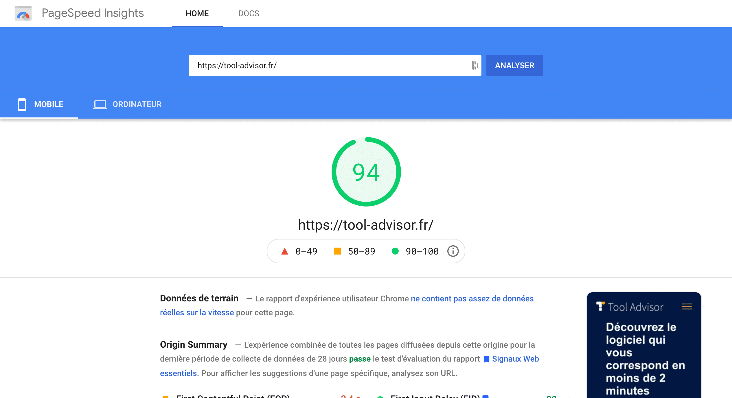 Vitesse de chargement mobile