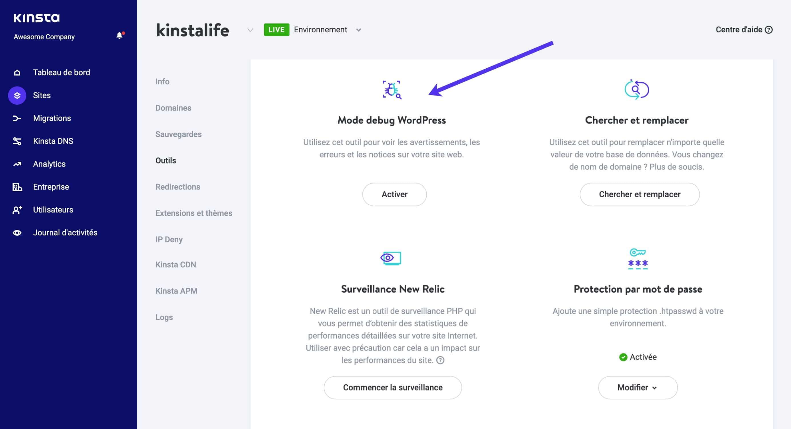 Sites > Outils vous amène à une page permettant d’activer le mode de débogage de WordPress dans le tableau de bord de Kinsta.