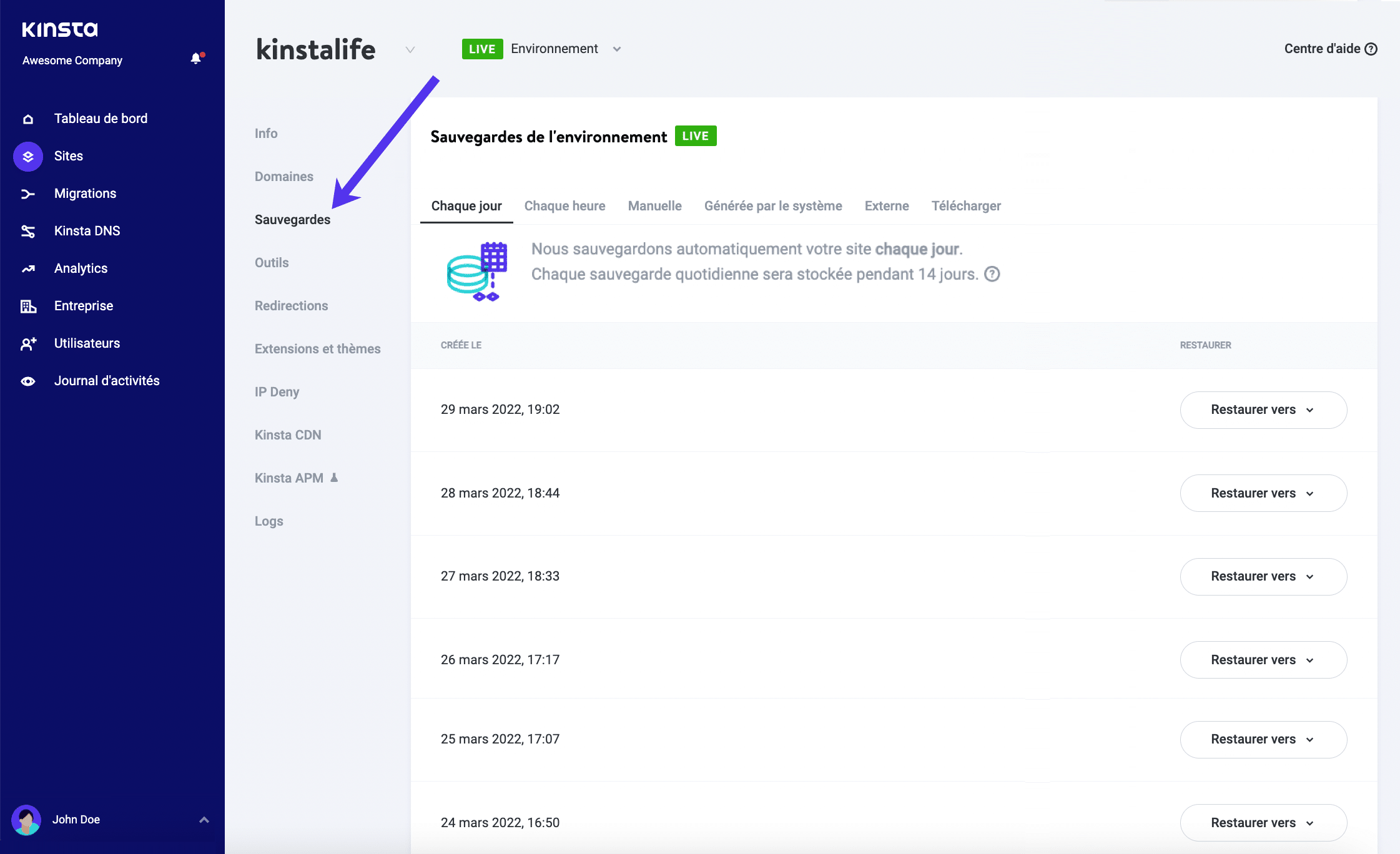 Exécutez des sauvegardes quotidiennes, horaires ou manuelles dans le tableau de bord MyKinsta.