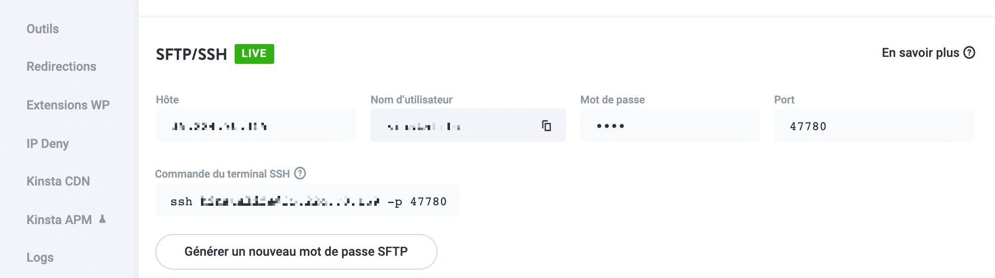 Le panneau SFTP dans le tableau de bord MyKinsta.