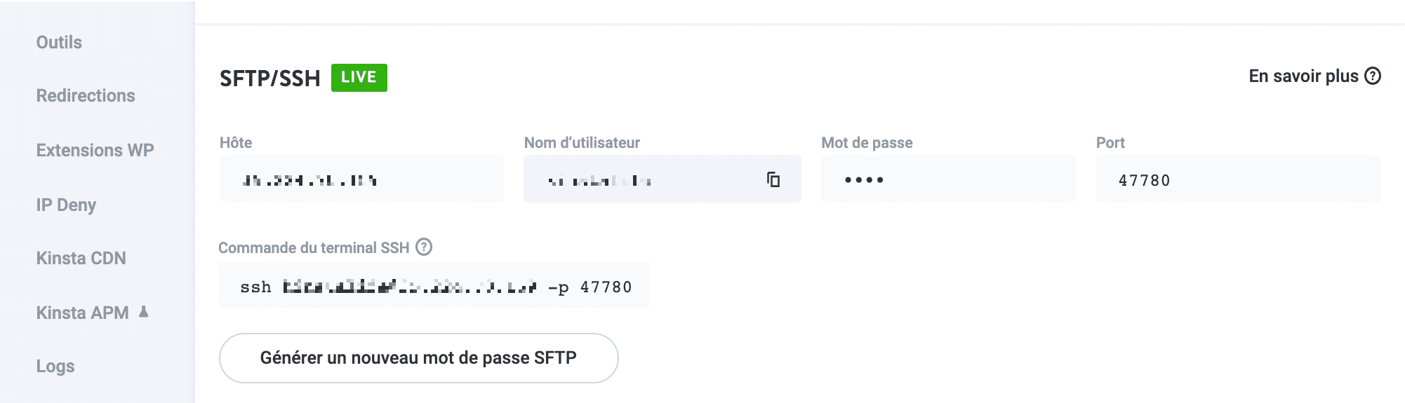 Le panneau SFTP dans le tableau de bord MyKinsta.