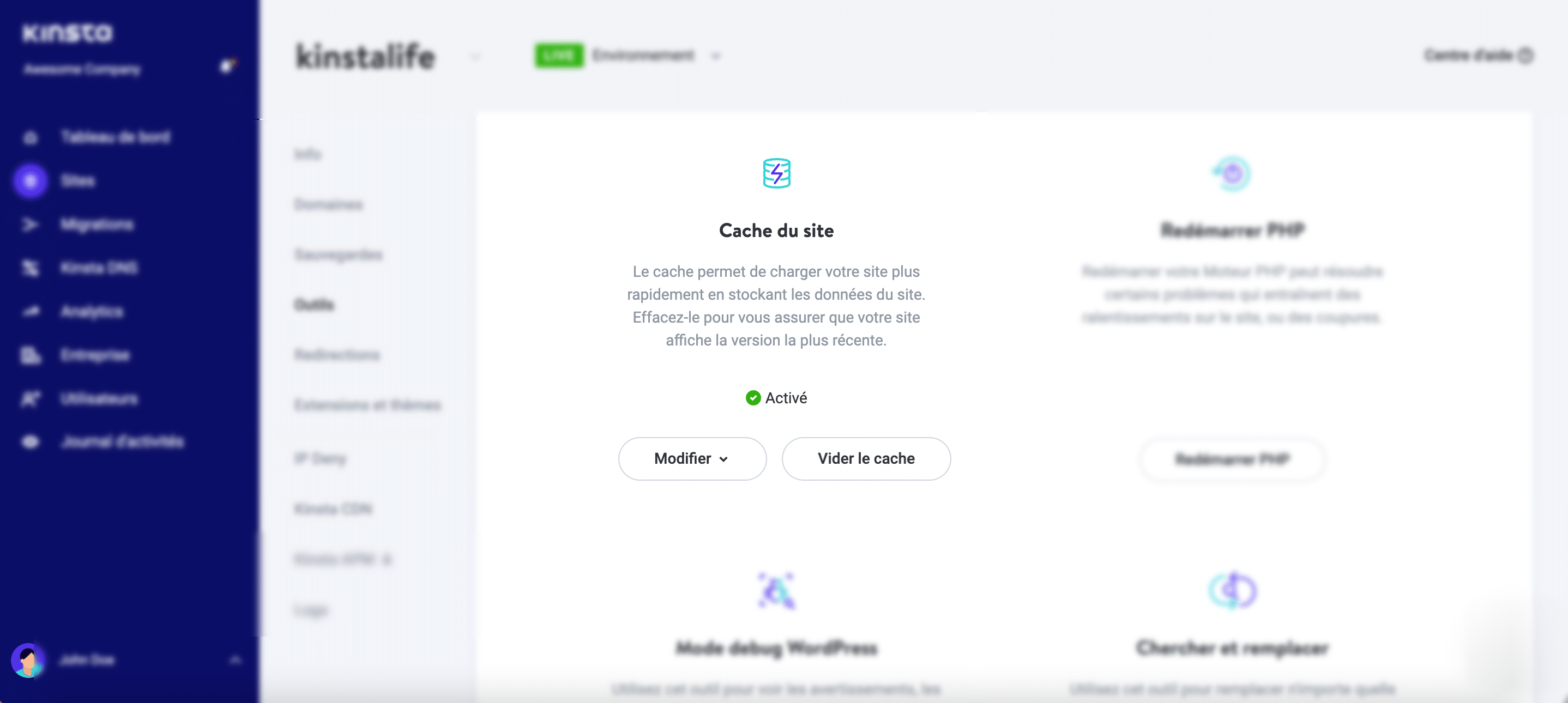 L’option de cache du site de Kinsta.