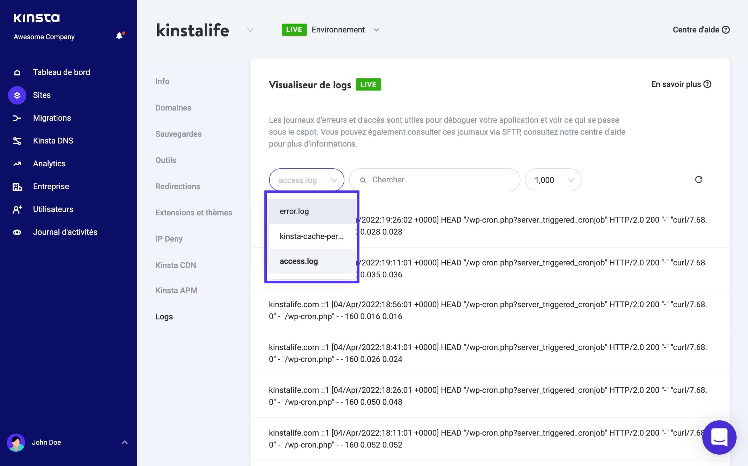 Pour voir les trois journaux nécessaires, cliquez sur l'onglet Sites, choisissez votre site, puis le bouton Journaux, ainsi que le type de journal dans le menu déroulant.