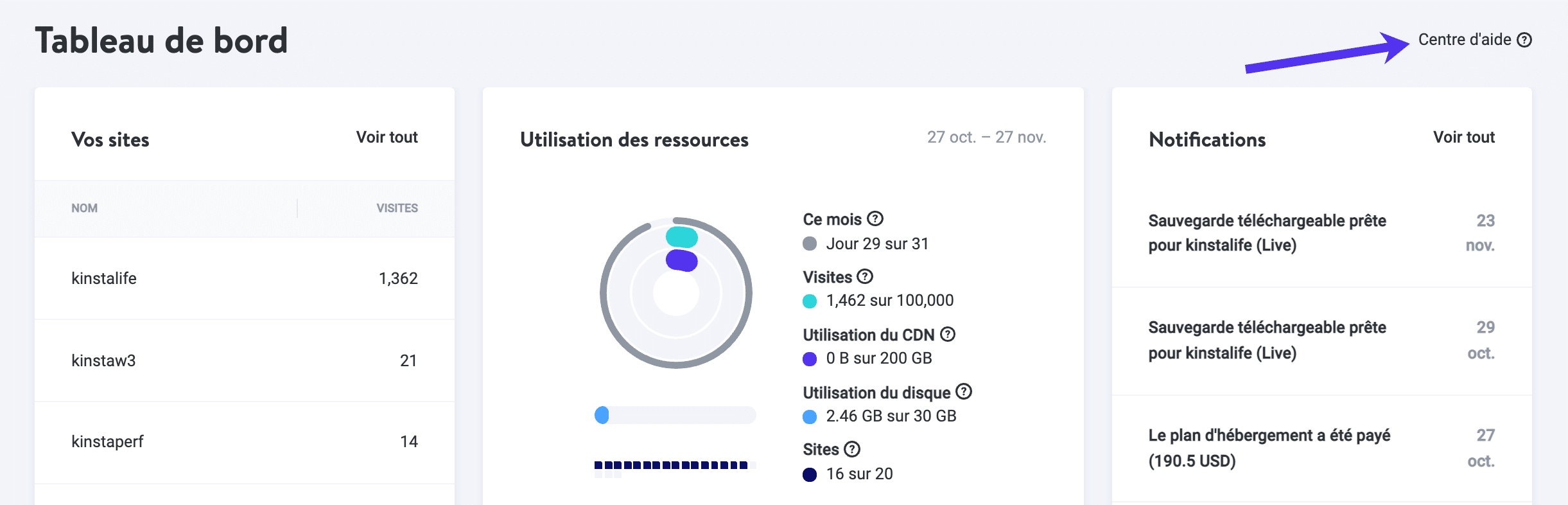 Accède facilement au Centre d'aide dans MyKinsta