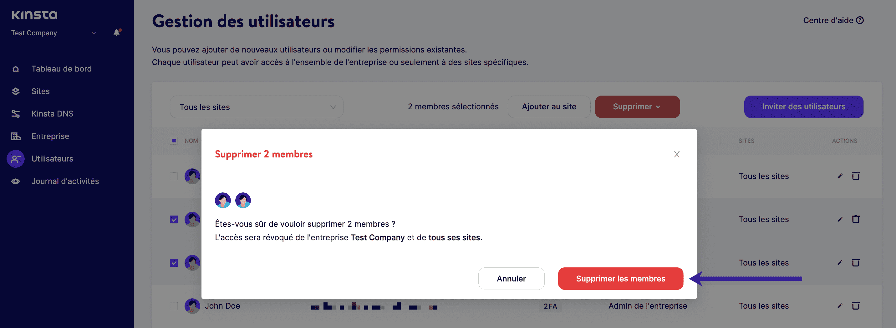 Confirmer la suppression de plusieurs utilisateurs d'une entreprise dans MyKinsta.
