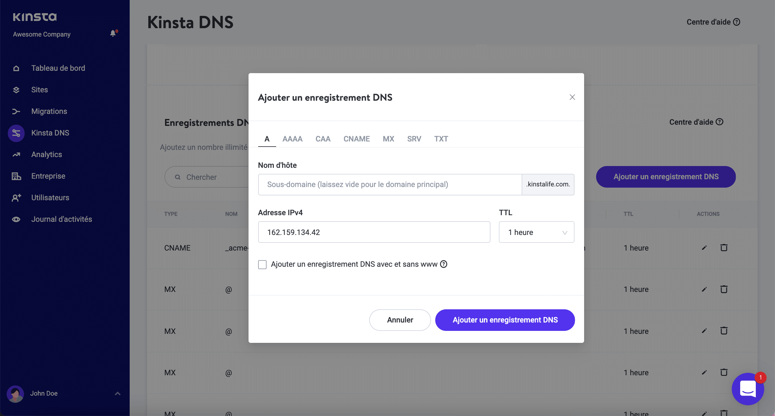 Ajouter un enregistrement A dans Kinsta DNS