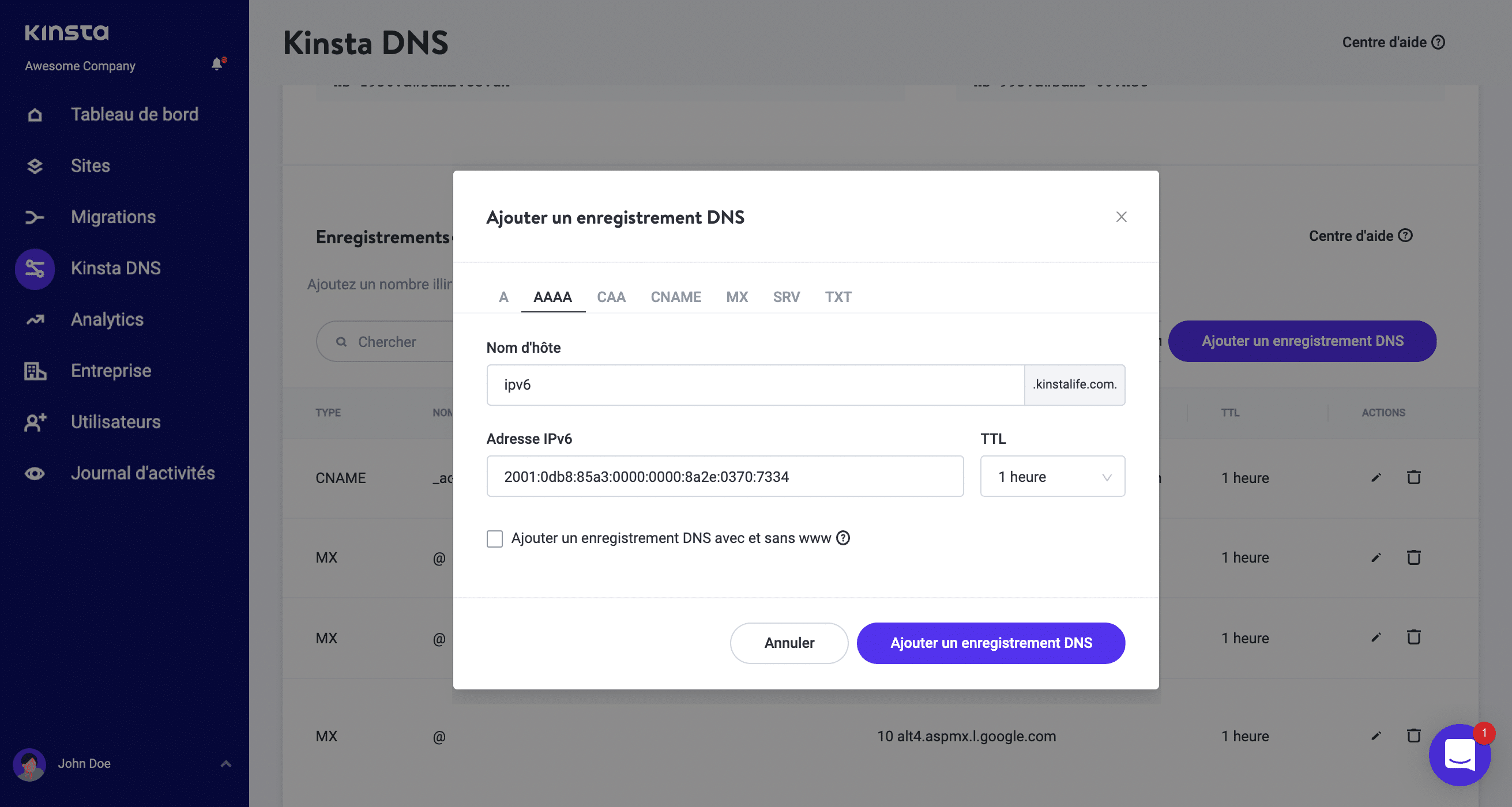 Ajouter un enregistrement AAAA dans Kinsta DNS.