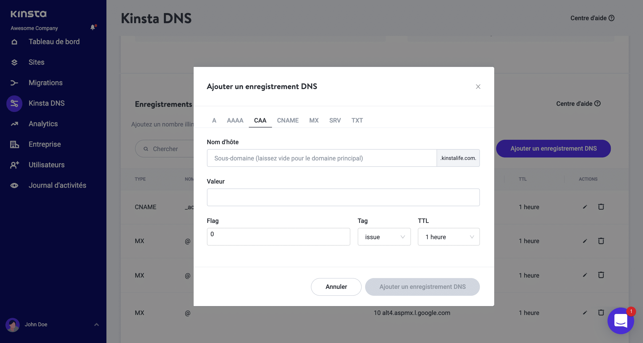 Ajouter un enregistrement CAA dans Kinsta DNS.
