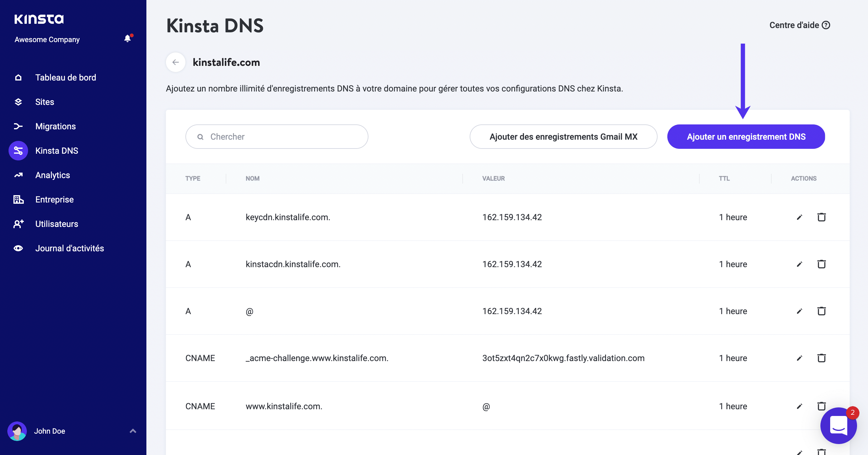 Ajouter un enregistrement DNS dans MyKinsta.