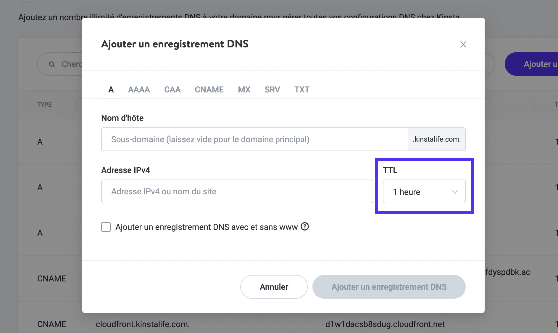 Ajouter un enregistrement DNS > TTL dans MyKinsta