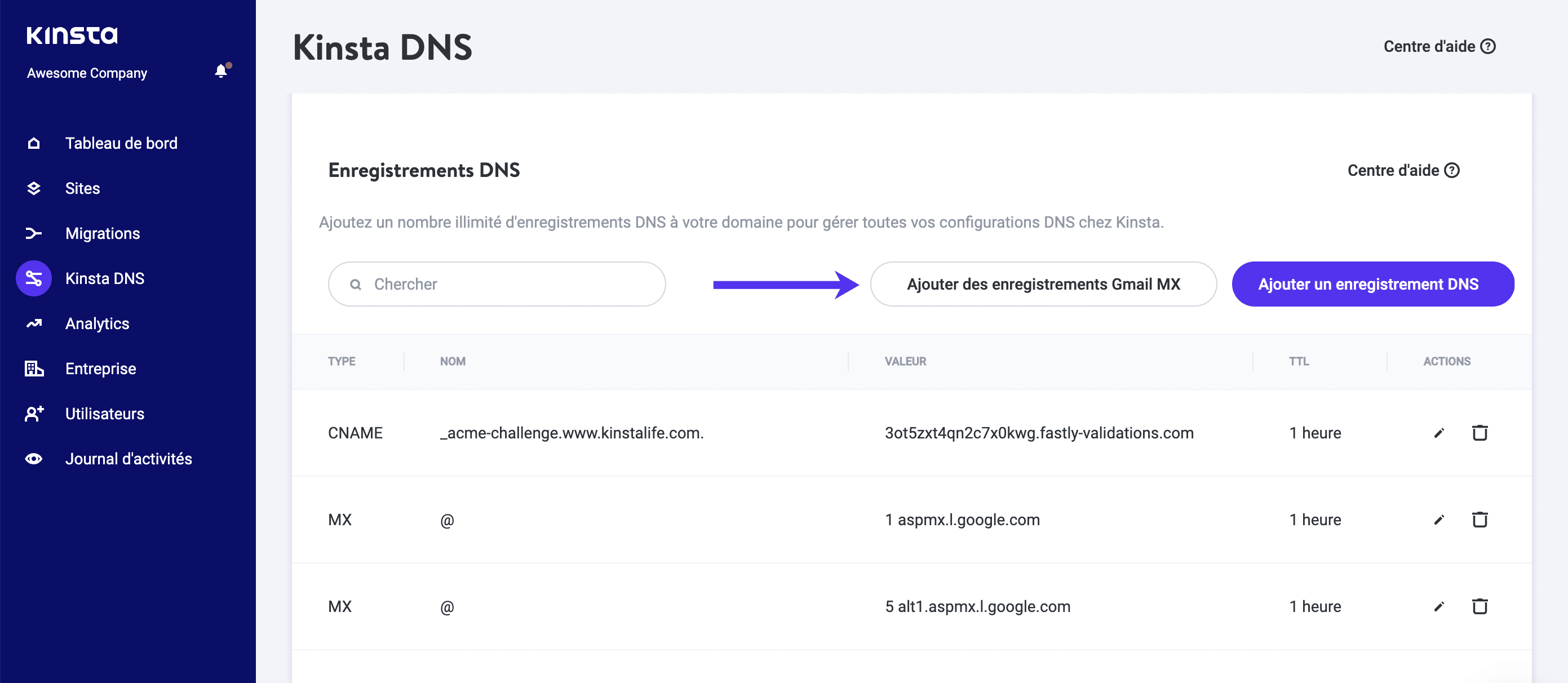 Ajouter les enregistrements MX de Gmail à un domaine existant.