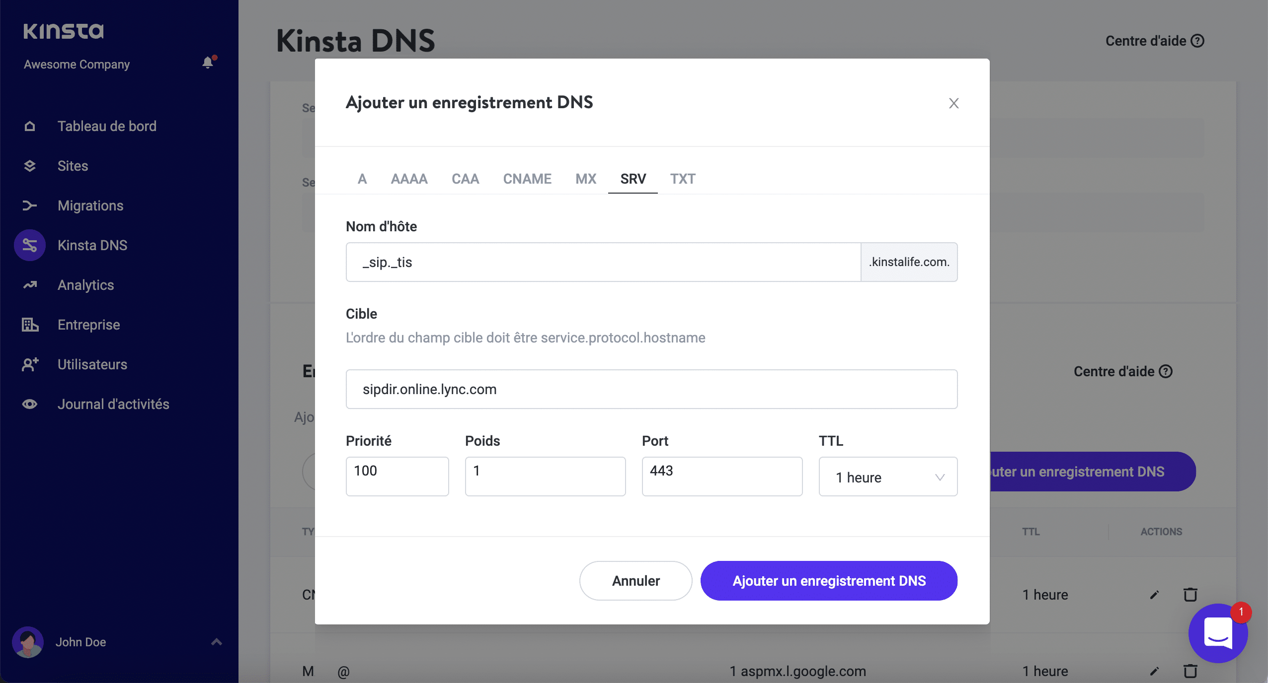 Ajouter un enregistrement SRV dans Kinsta DNS.