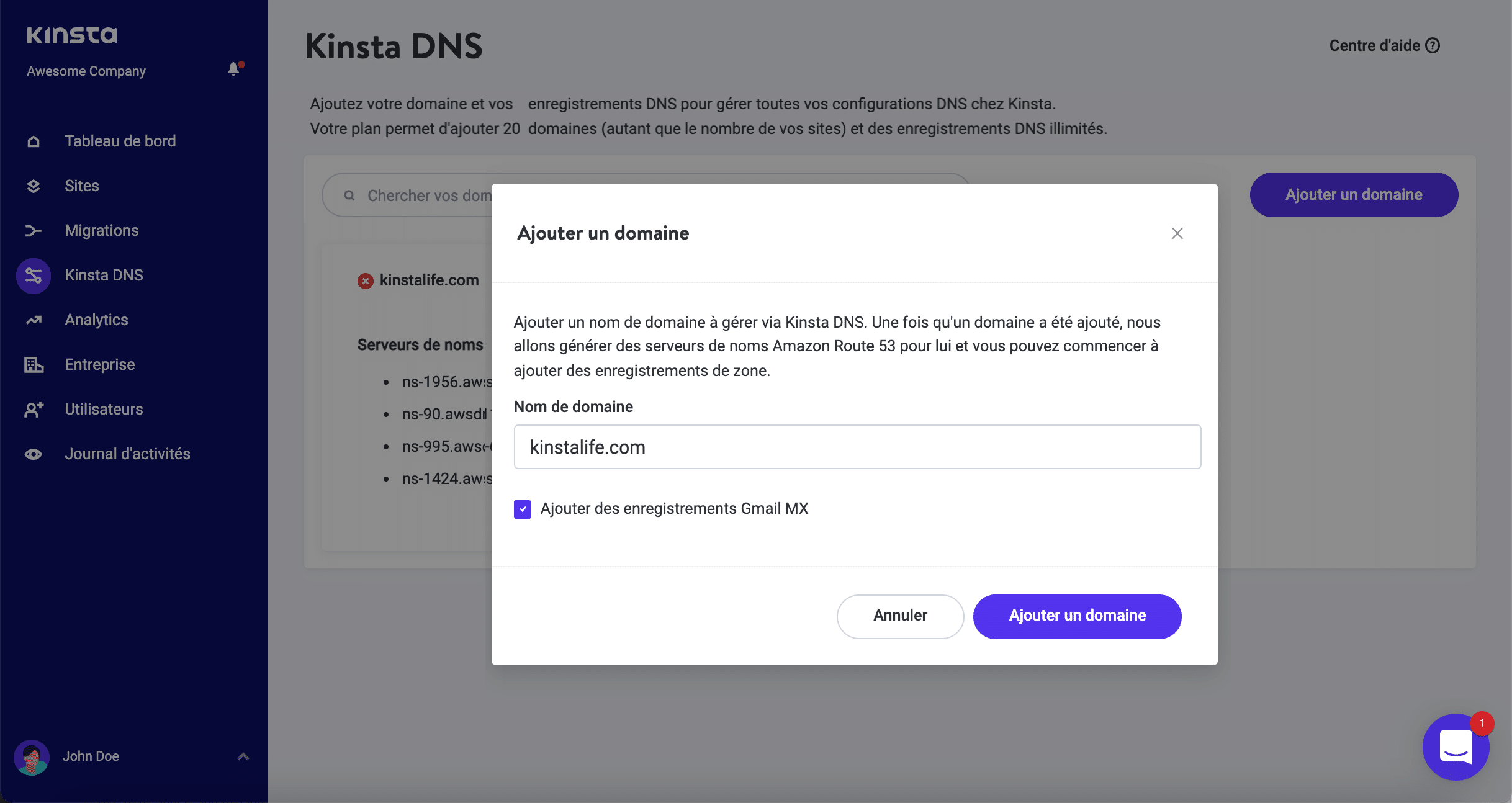 Ajouter le nom de domaine à Kinsta DNS.