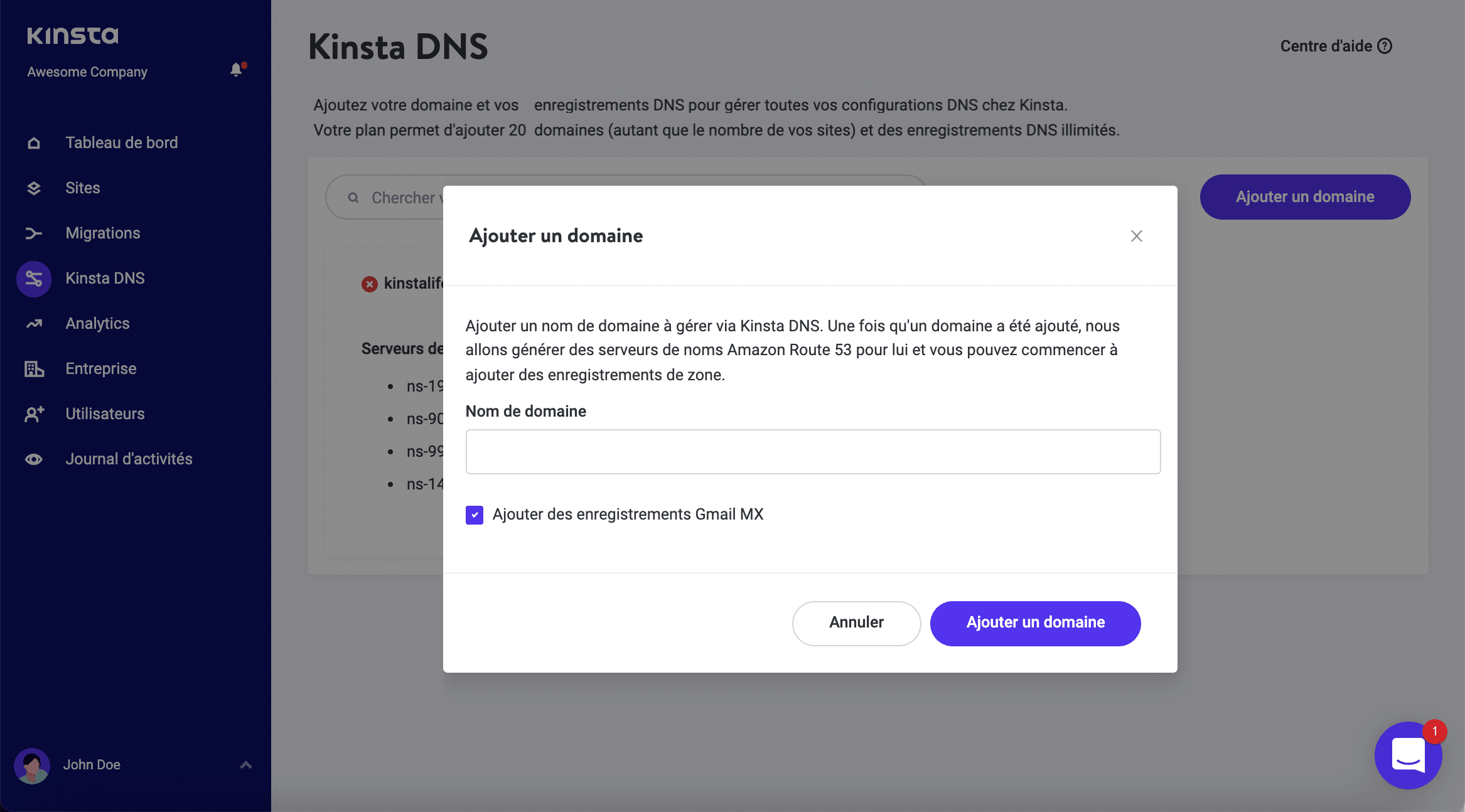 Ajouter automatiquement les enregistrements MX de Gmail avec Kinsta DNS.