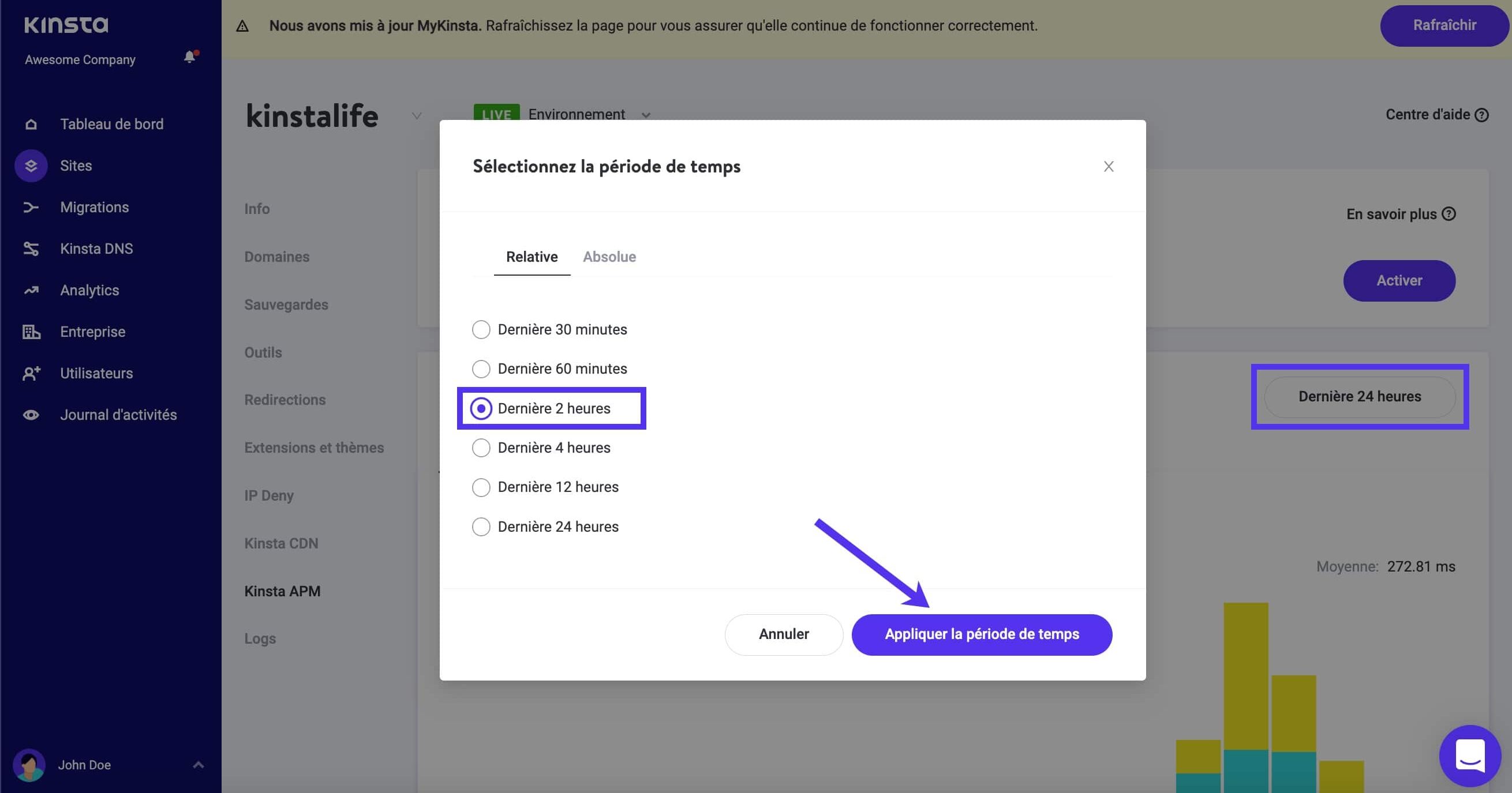 Modifier le cadre temporel des données de surveillance de Kinsta APM.