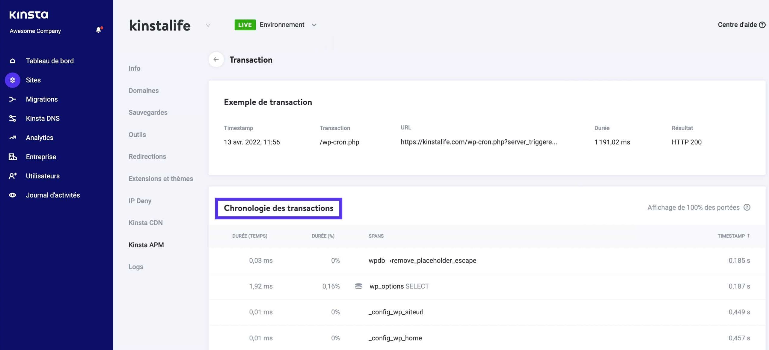 La chronologie de la trace des transactions dans l’outil APM de Kinsta.