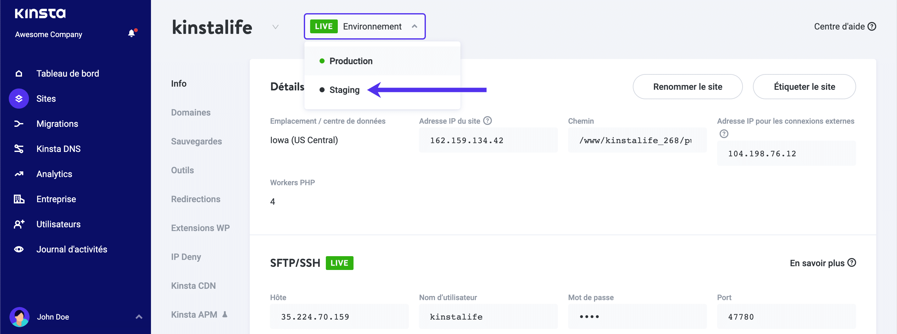 Passez à votre environnement de staging WordPress dans MyKinsta.