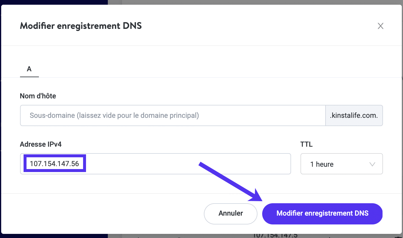 Mise à jour de l'enregistrement A de votre domaine dans le DNS de Kinsta