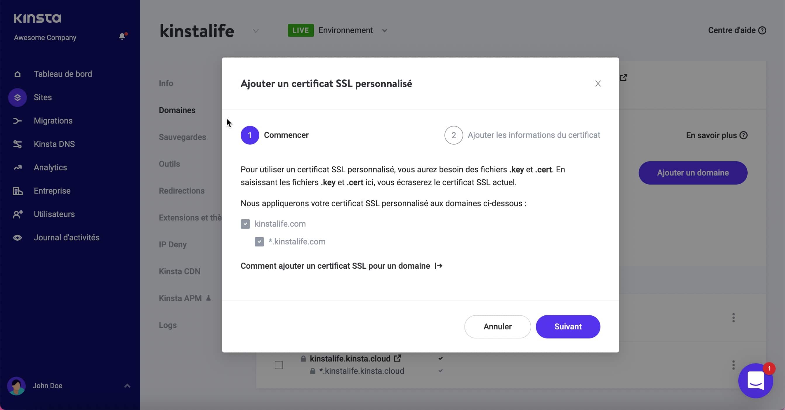 Confirmez les domaines qui seront protégés par votre SSL personnalisé.