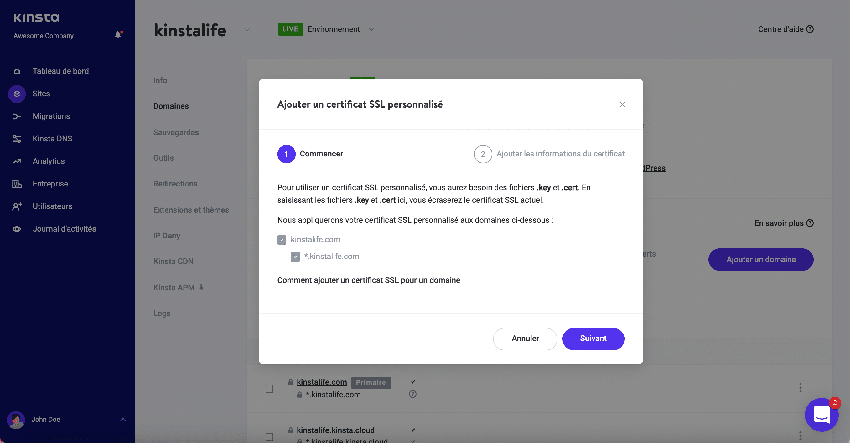 Installation du certificat SSL via MyKinsta.