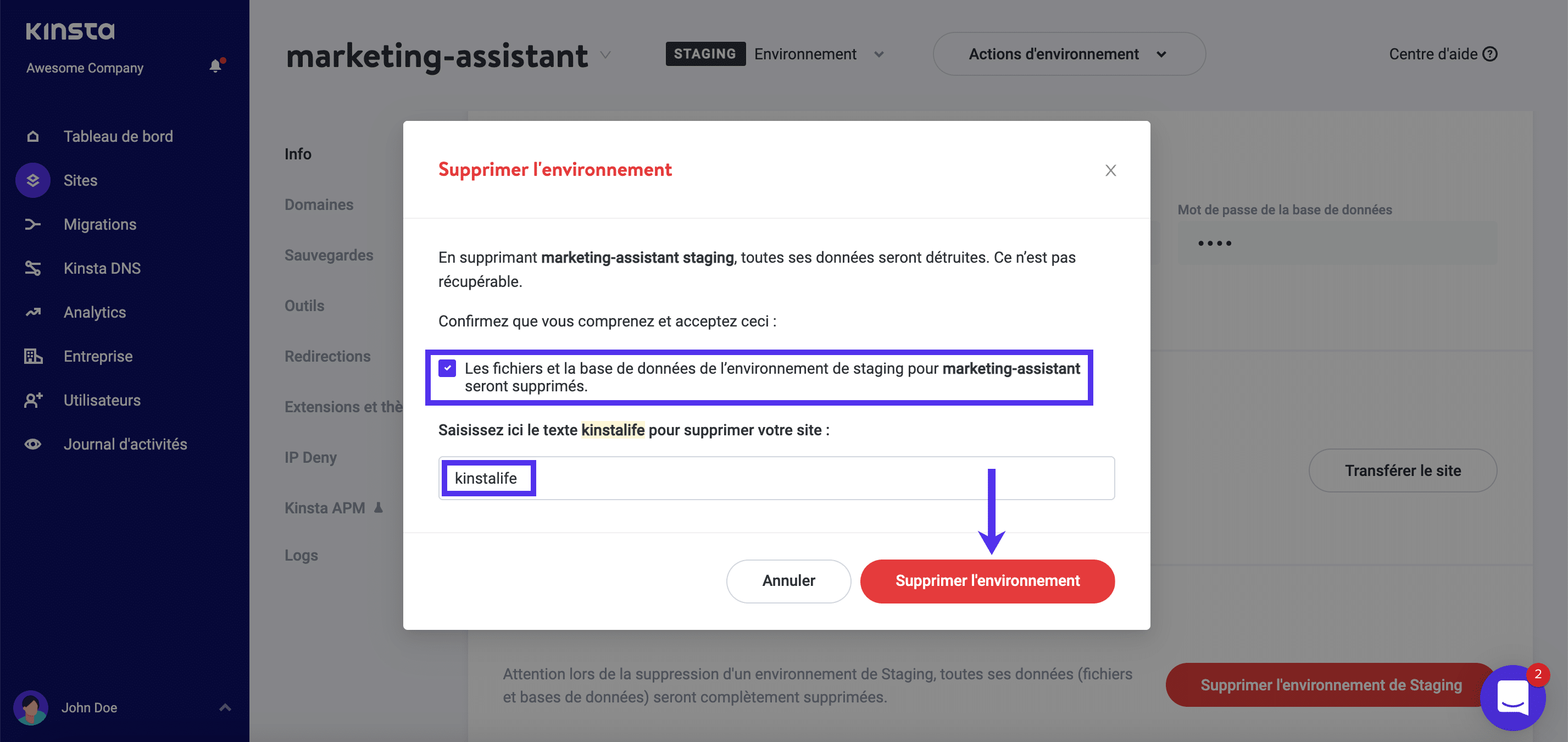 Supprimer un environnement de staging dans MyKinsta.