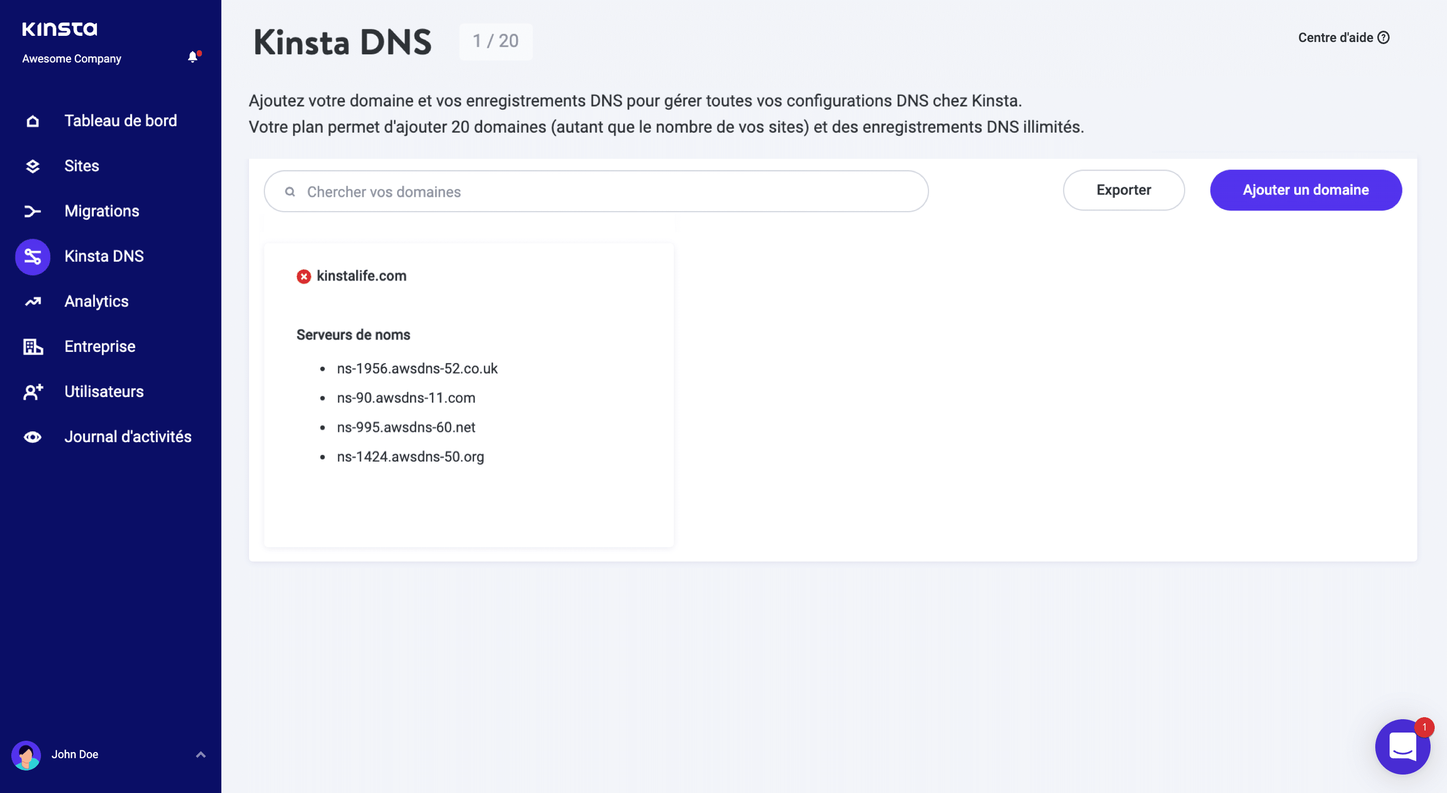 Domaines du serveur de noms DNS de Kinsta.