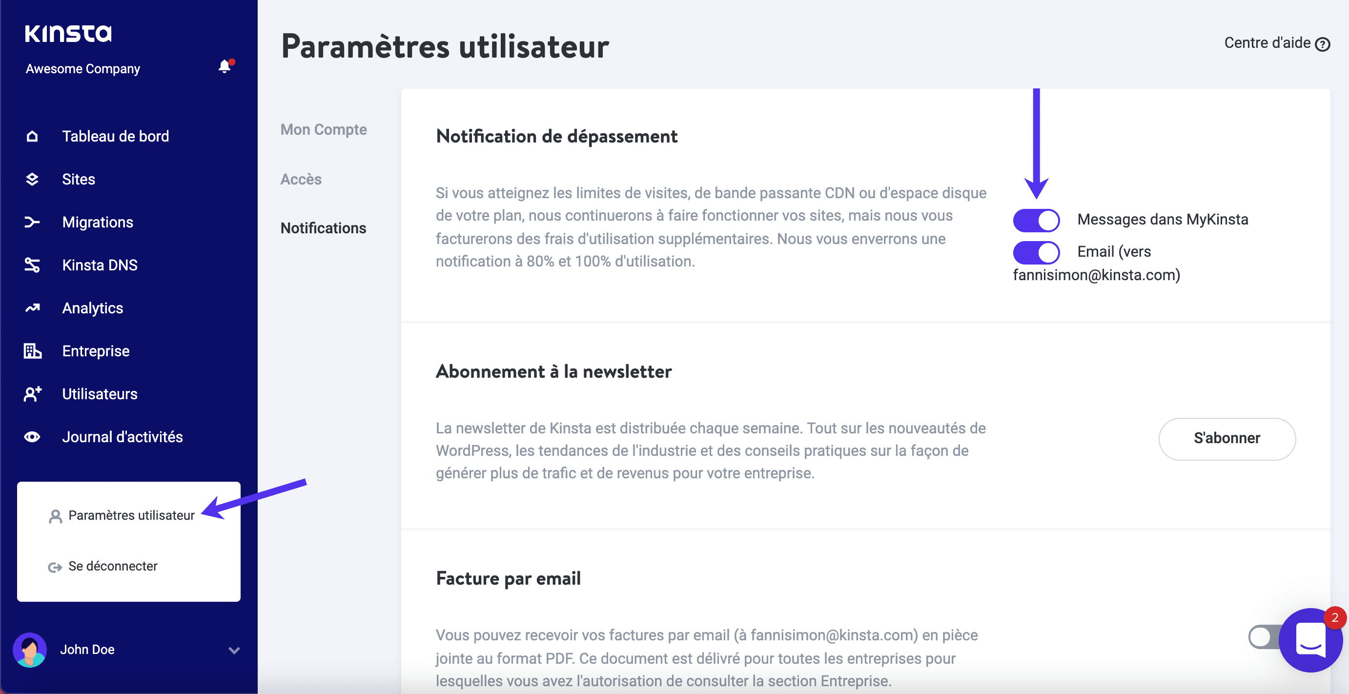 Activer les notifications de dépassement