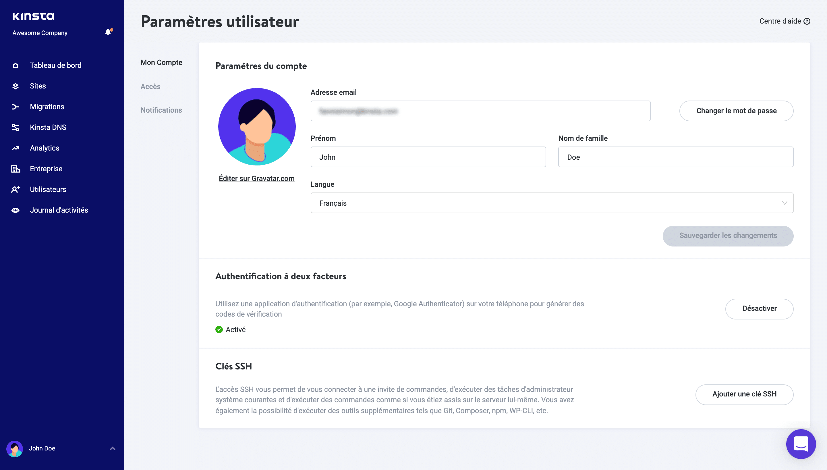 Activez l'authentification à deux facteurs dans MyKinsta.