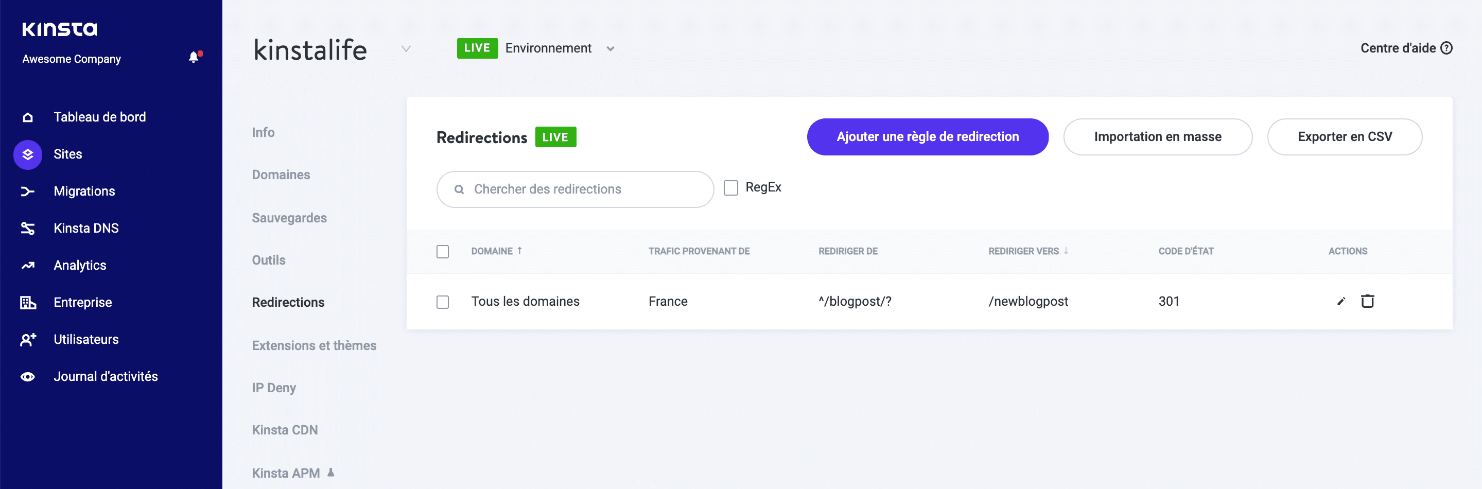 Gérer les règles de redirection dans le tableau de bord MyKinsta.