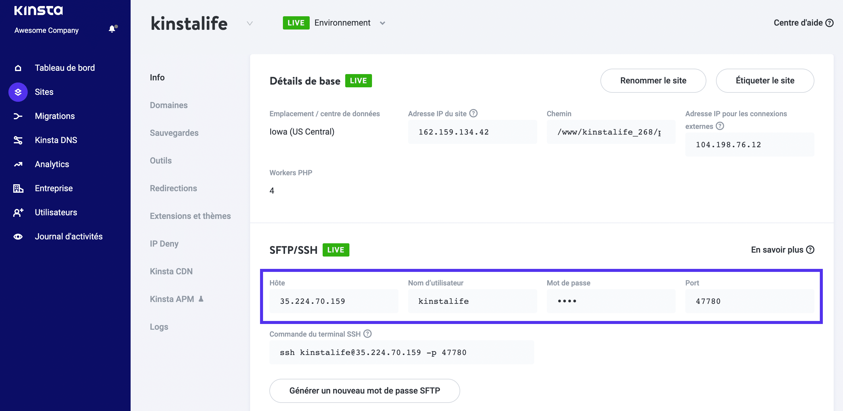 Détails SFTP/SSH dans MyKinsta.