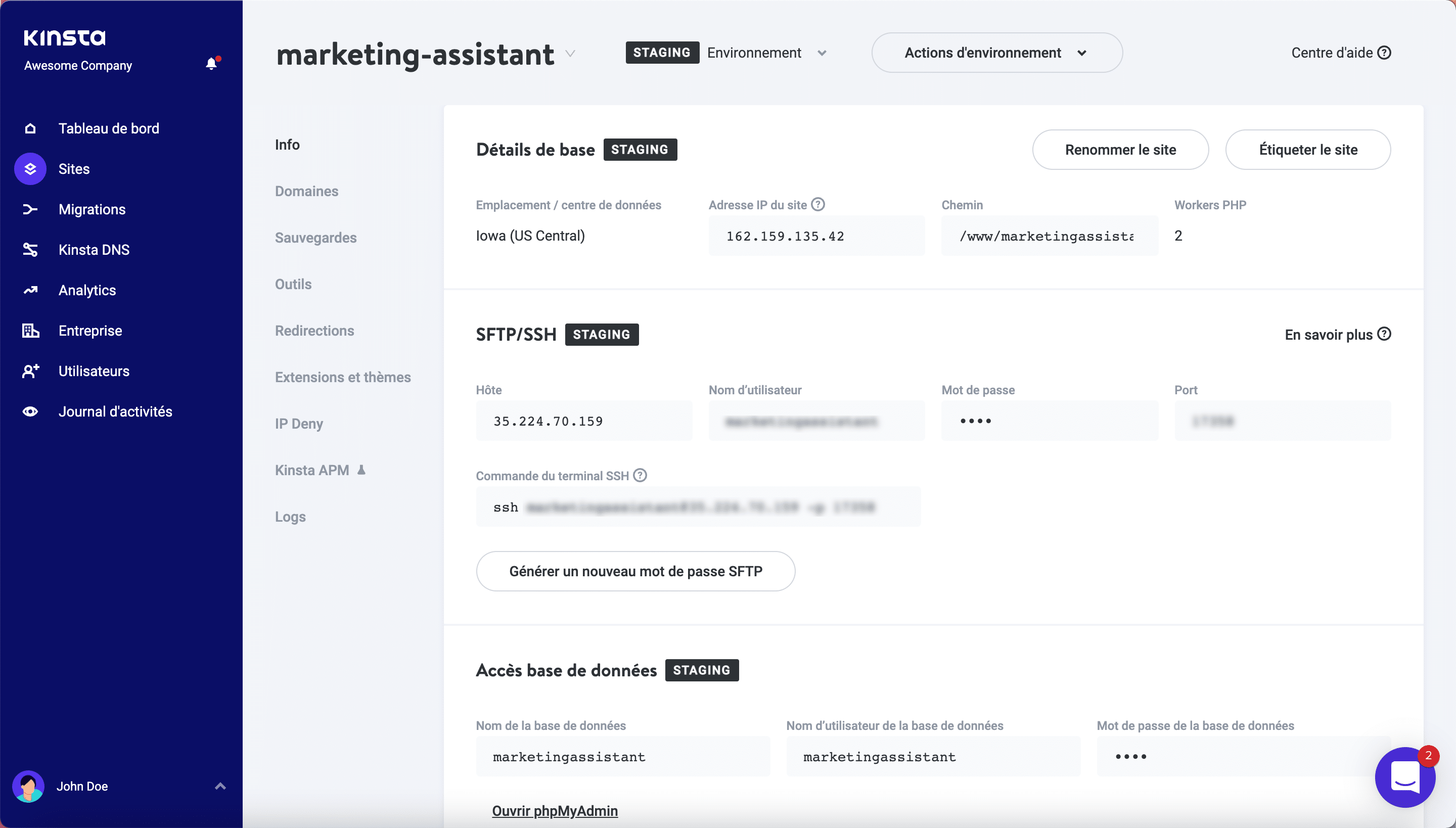 Environnement de staging Kinsta.