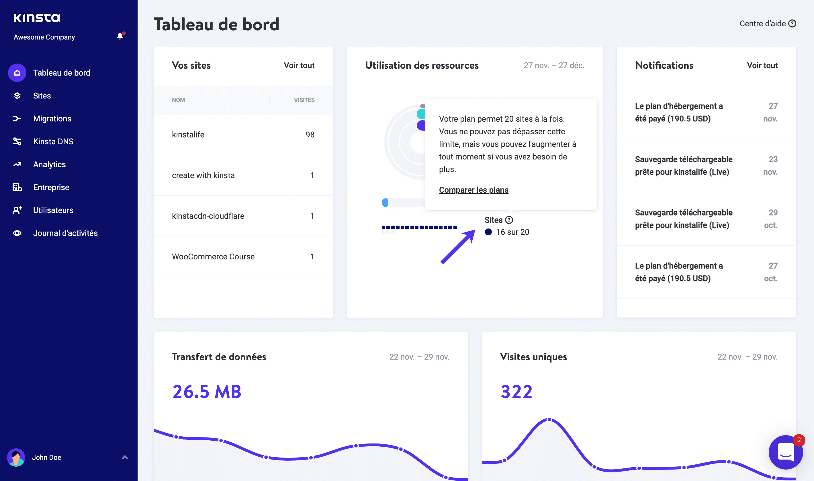 Utilisation totale de l'espace disque dans MyKinsta