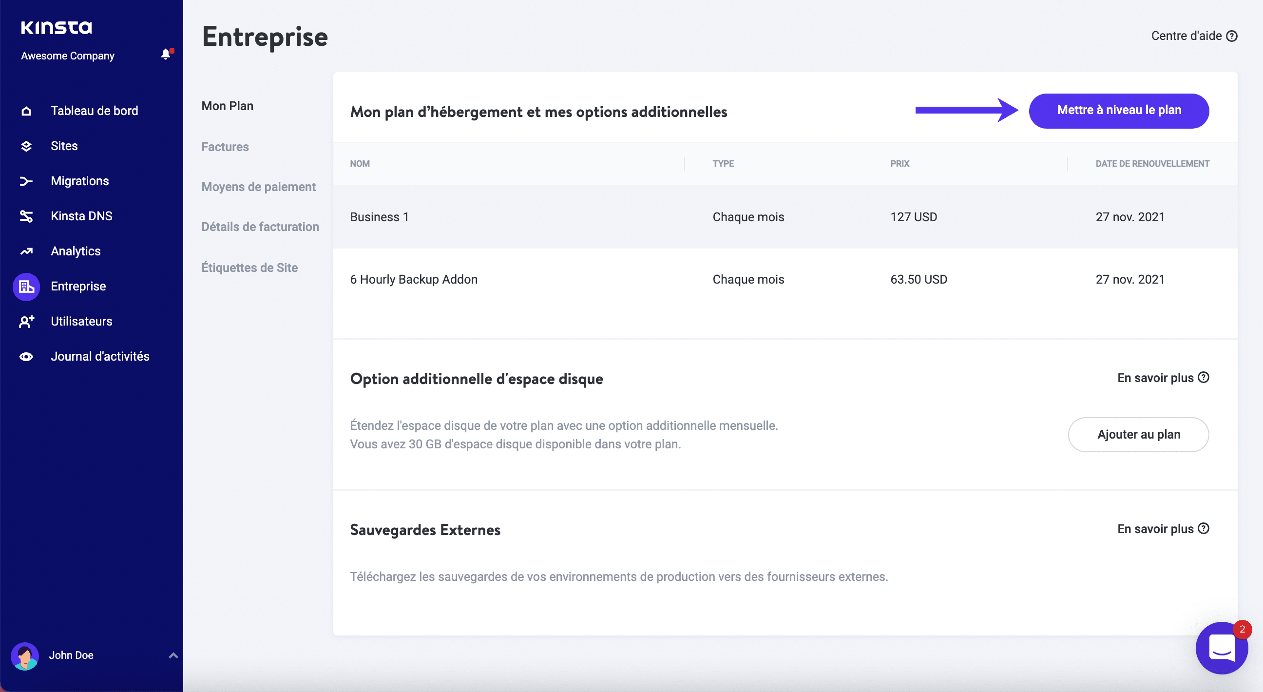 Mise à jour du plan d'hébergement dans MyKinsta