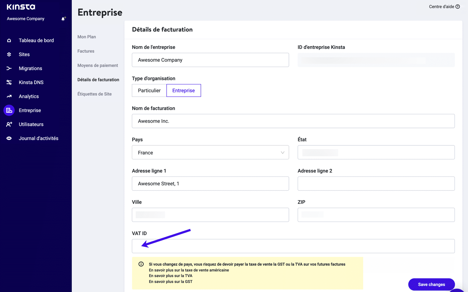 Numéro d'identification TVA dans MyKinsta