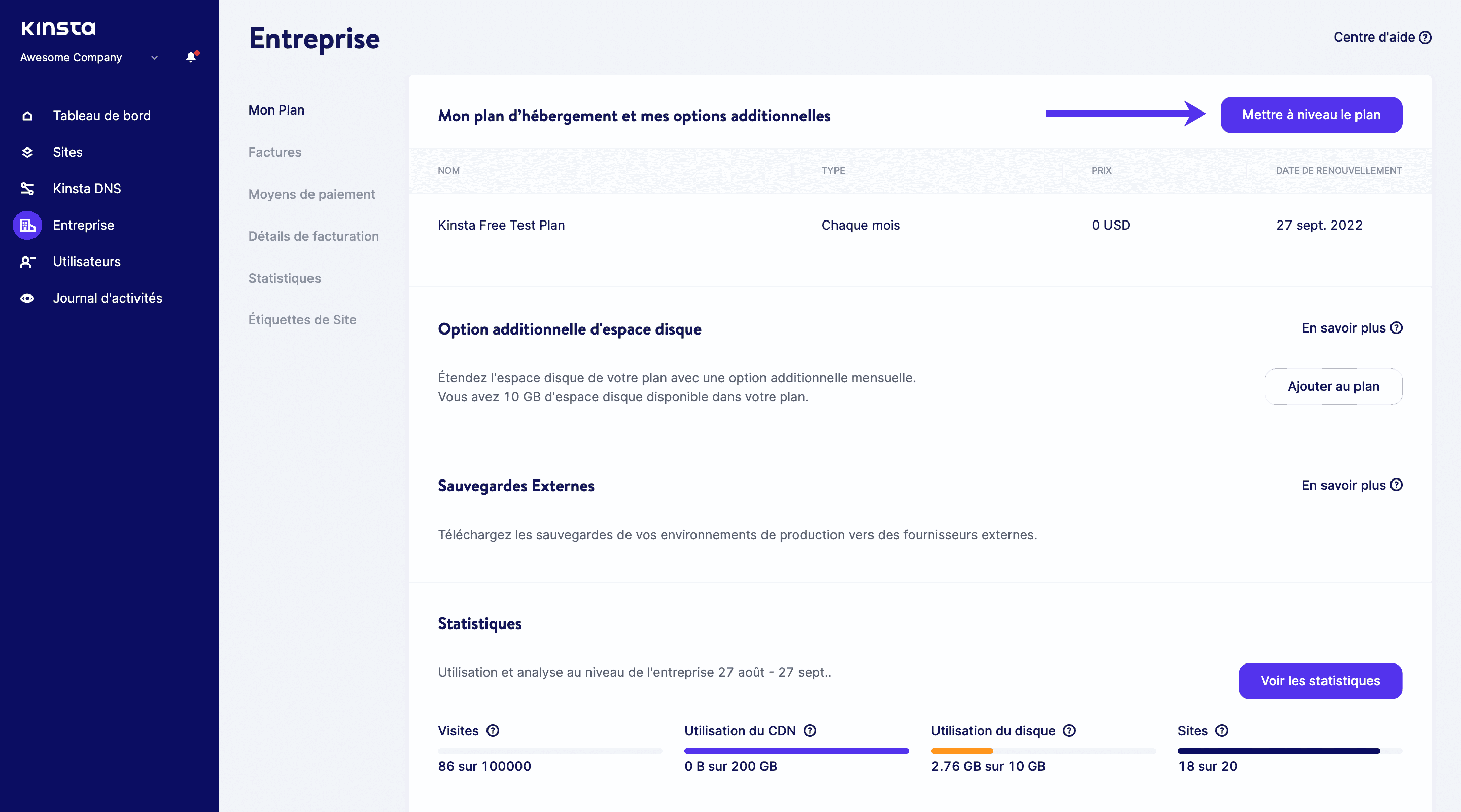 Mise à jour du plan d'hébergement dans MyKinsta.