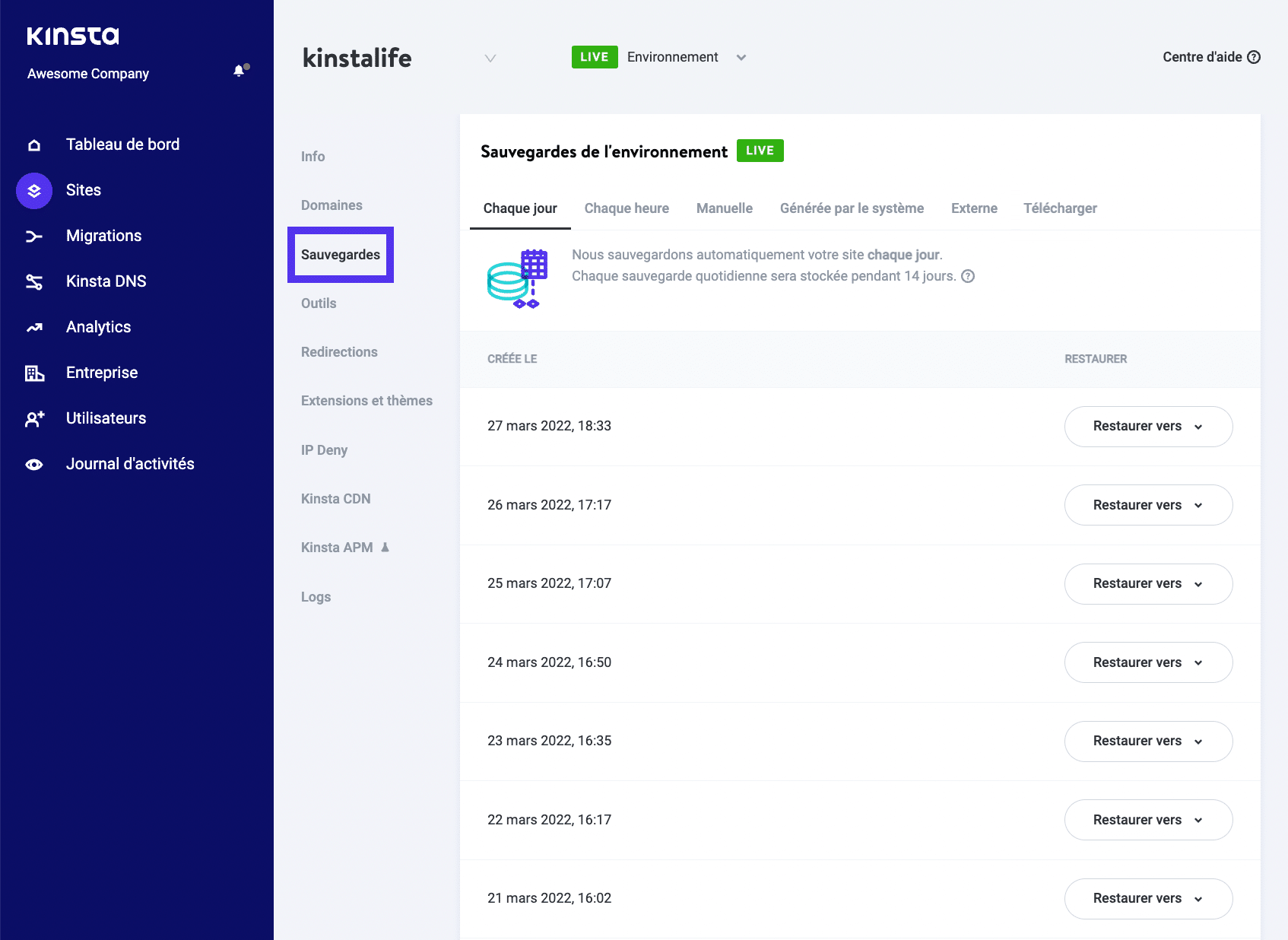 L'outil de sauvegarde de Kinsta.