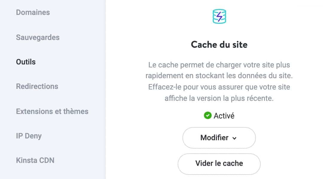 Vider le cache dans le tableau de bord MyKinsta.