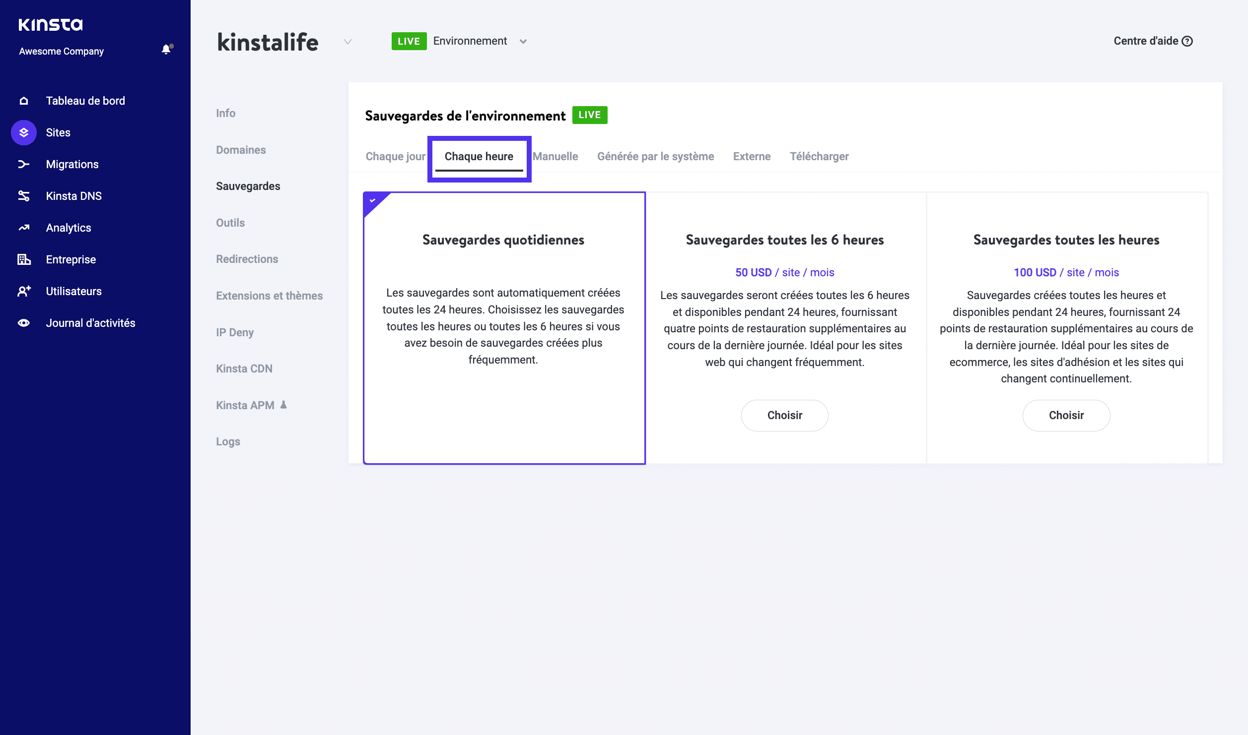 Comment modifier la fréquence de sauvegarde de Kinsta.