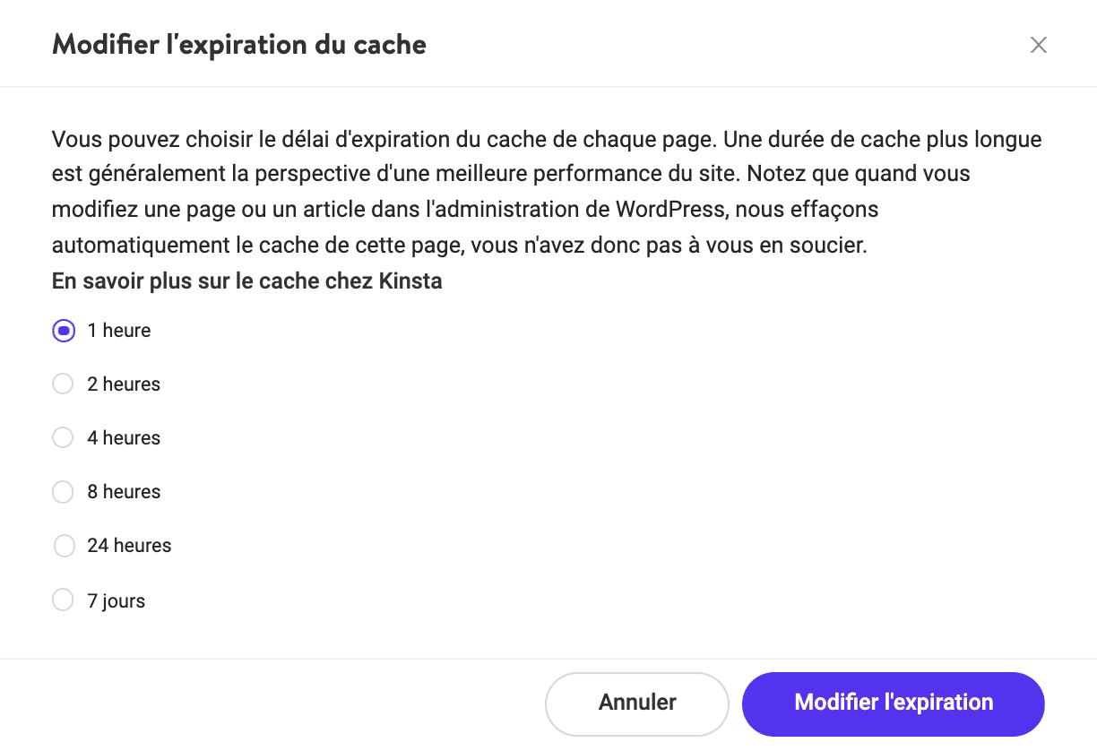 Modifier la date d'expiration du cache dans MyKinsta.