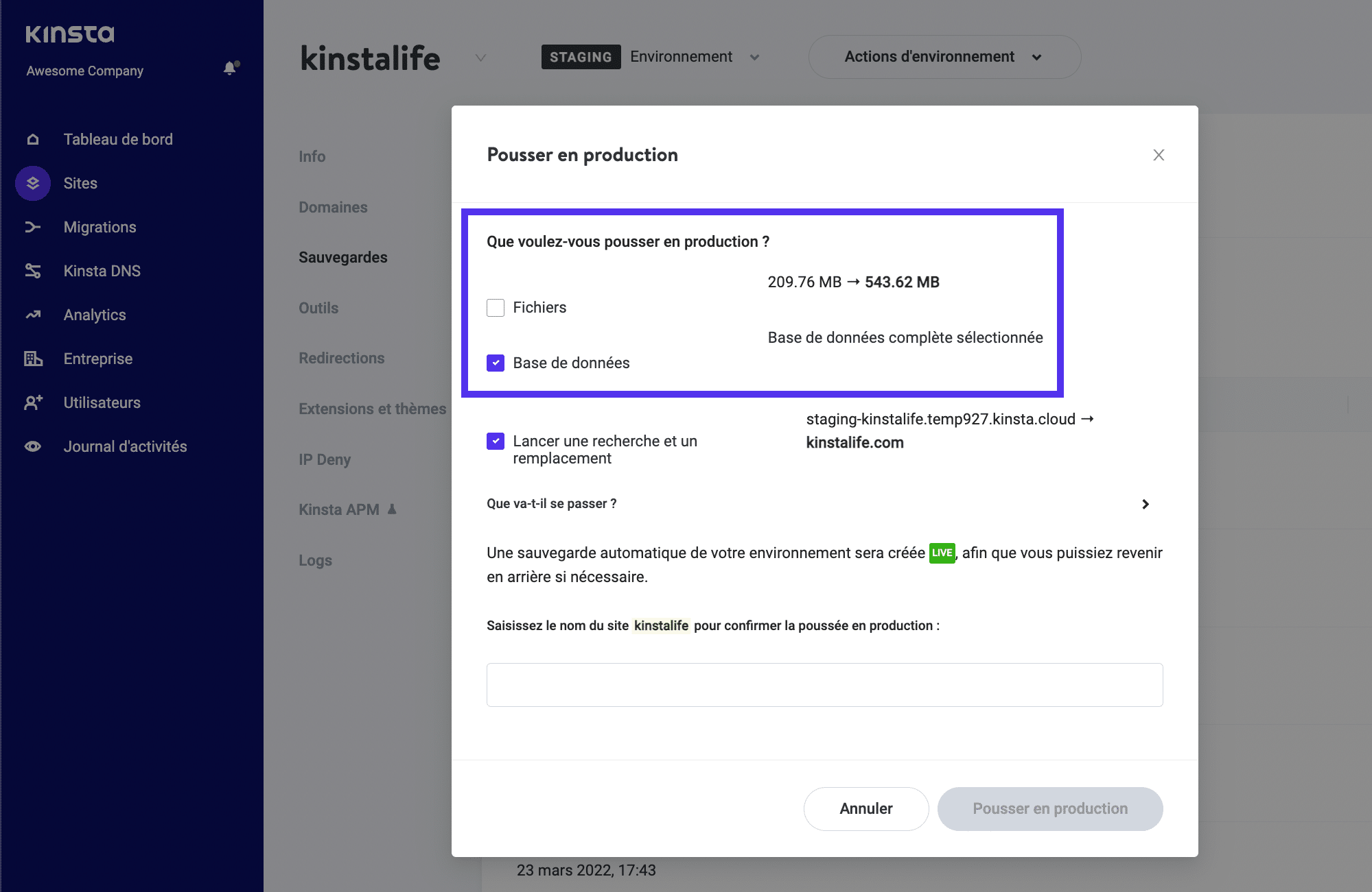 Comment utiliser la fonction de poussée sélective de Kinsta.