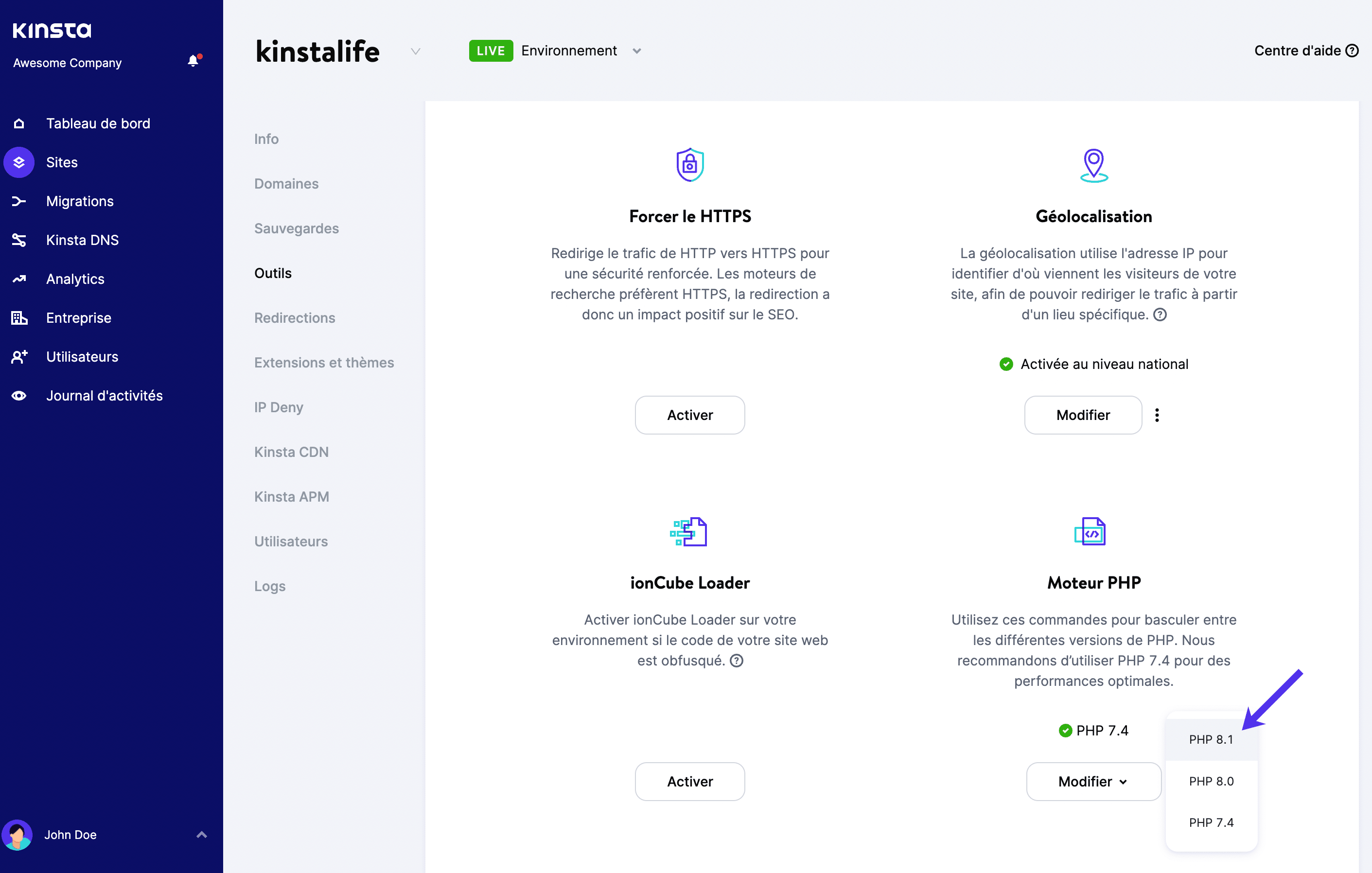 Passer à PHP 8.1 dans MyKinsta