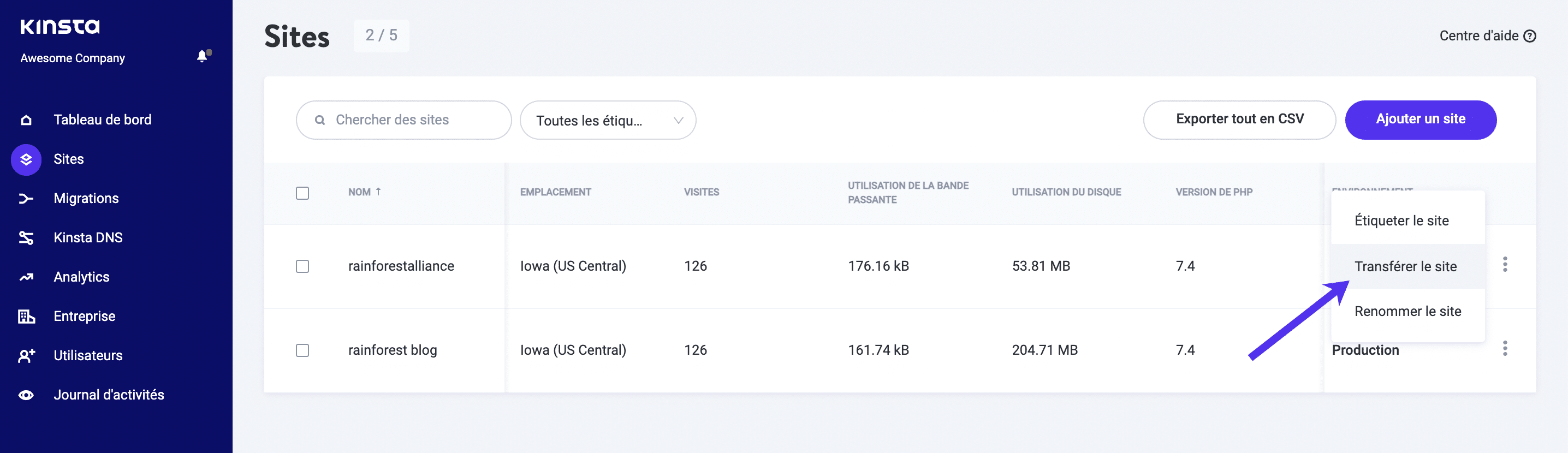 Transférez facilement des sites à un autre utilisateur ou à une autre entreprise.