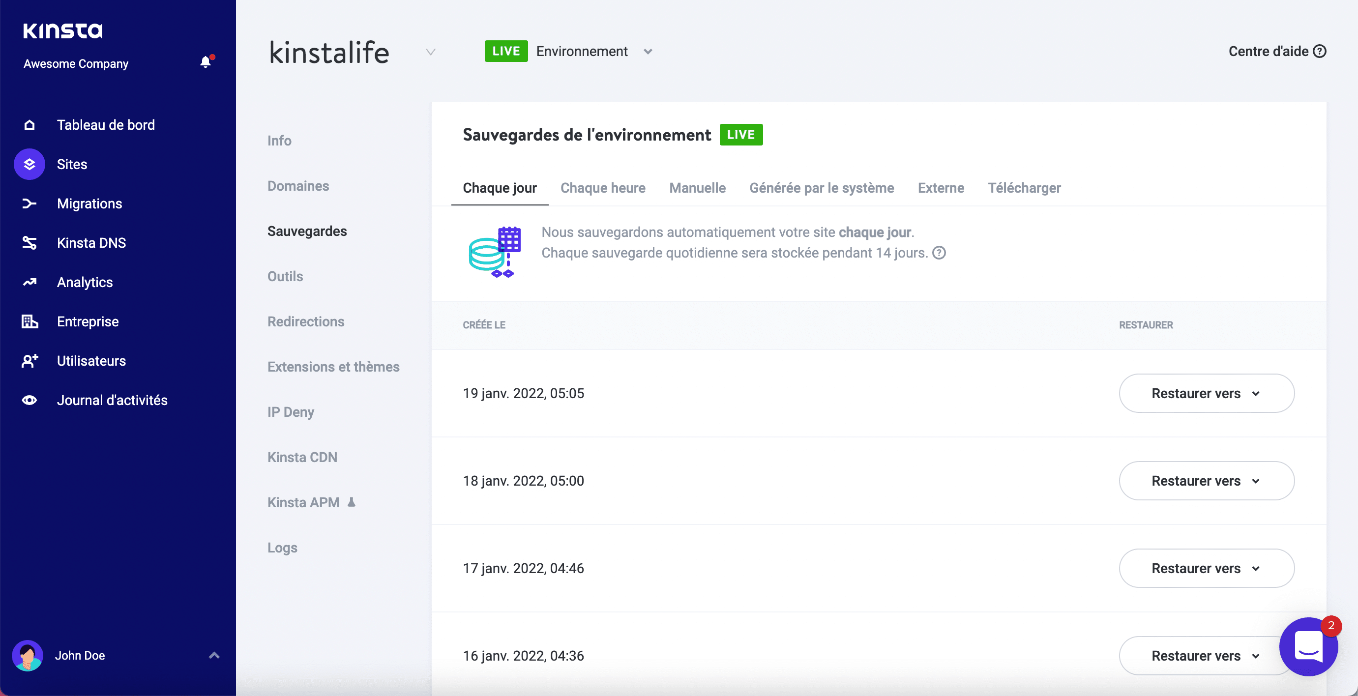 Créer une sauvegarde dans MyKinsta.